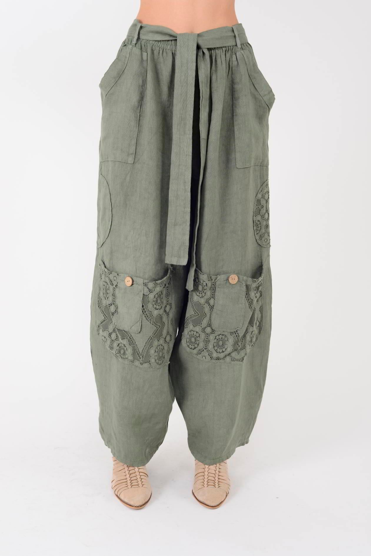 7321 DANTELM DETAYLI KEMERLİ KETEN PANTOLON