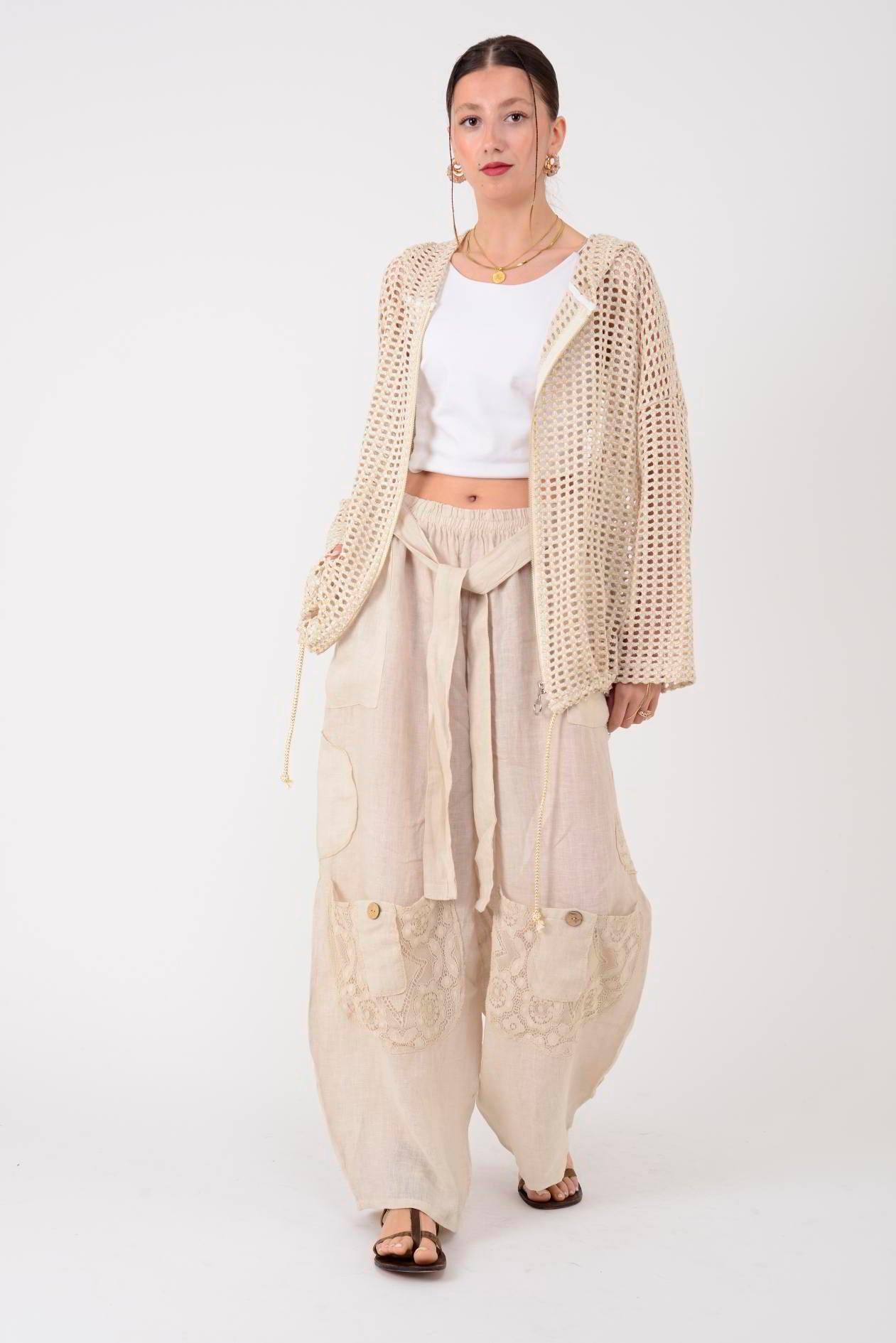 7321 DANTELM DETAYLI KEMERLİ KETEN PANTOLON