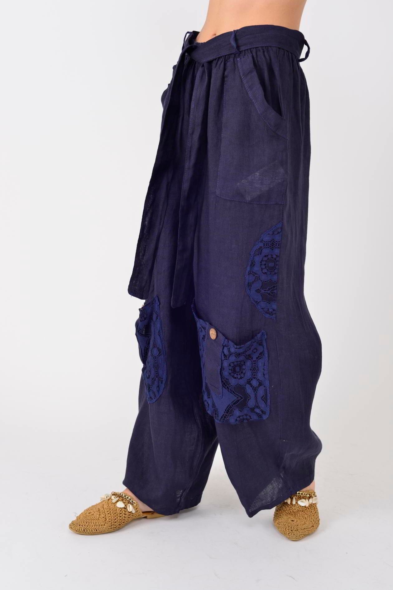 7321 DANTELM DETAYLI KEMERLİ KETEN PANTOLON