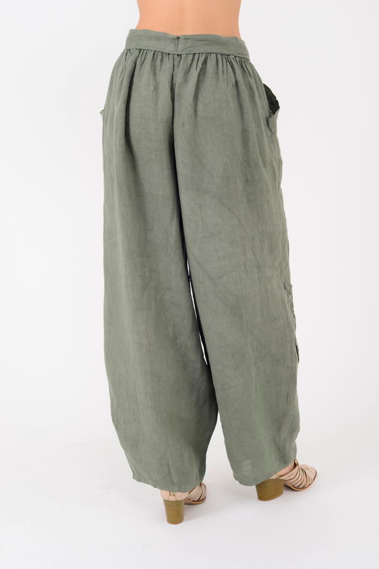 7321 DANTELM DETAYLI KEMERLİ KETEN PANTOLON