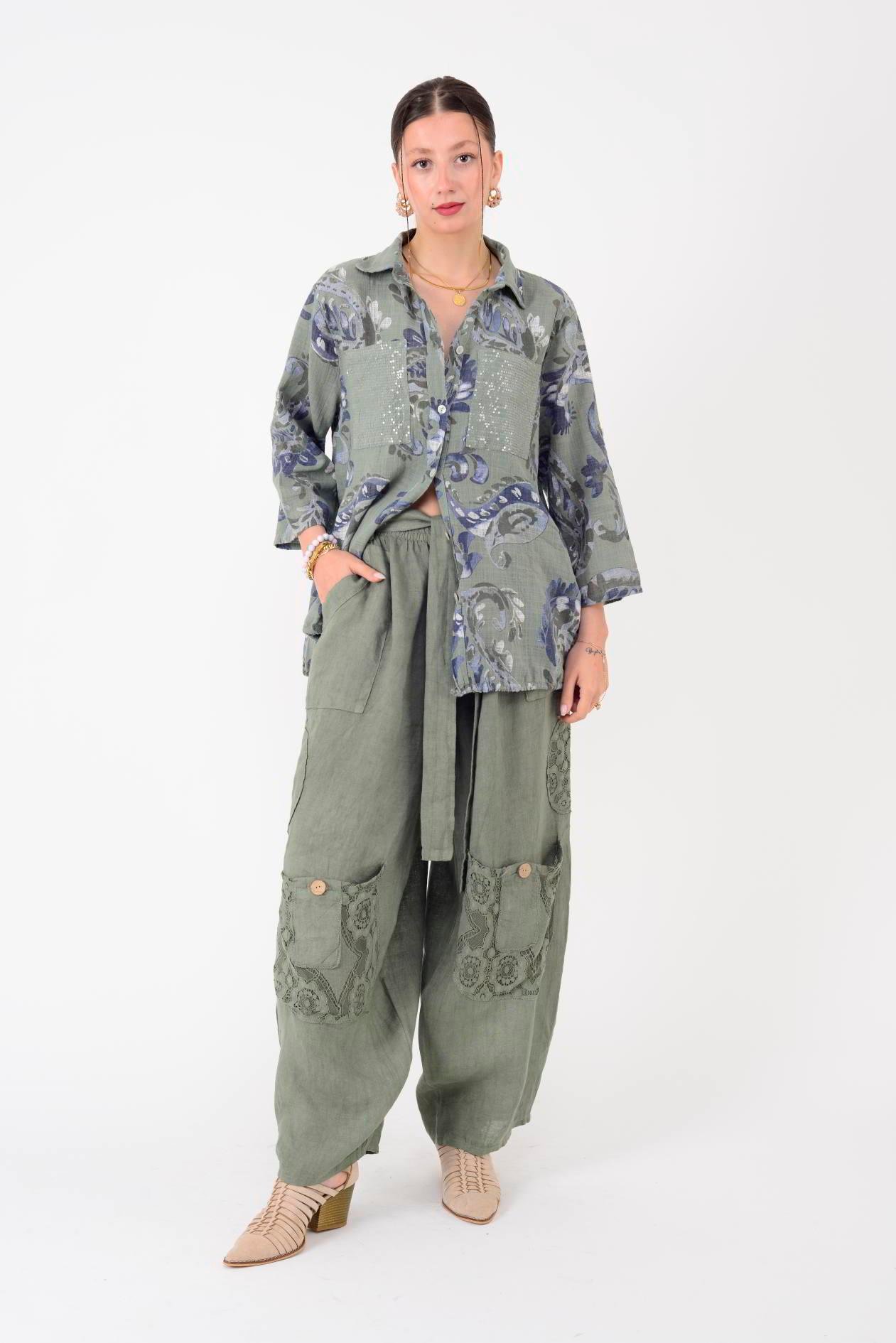 7321 DANTELM DETAYLI KEMERLİ KETEN PANTOLON