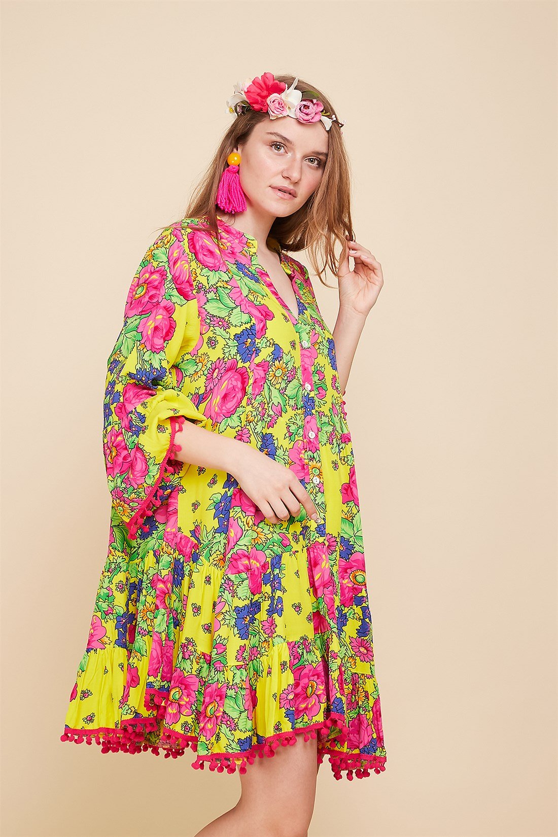 AN179 FLORAL DESEN BOHO KISA ELBİSE