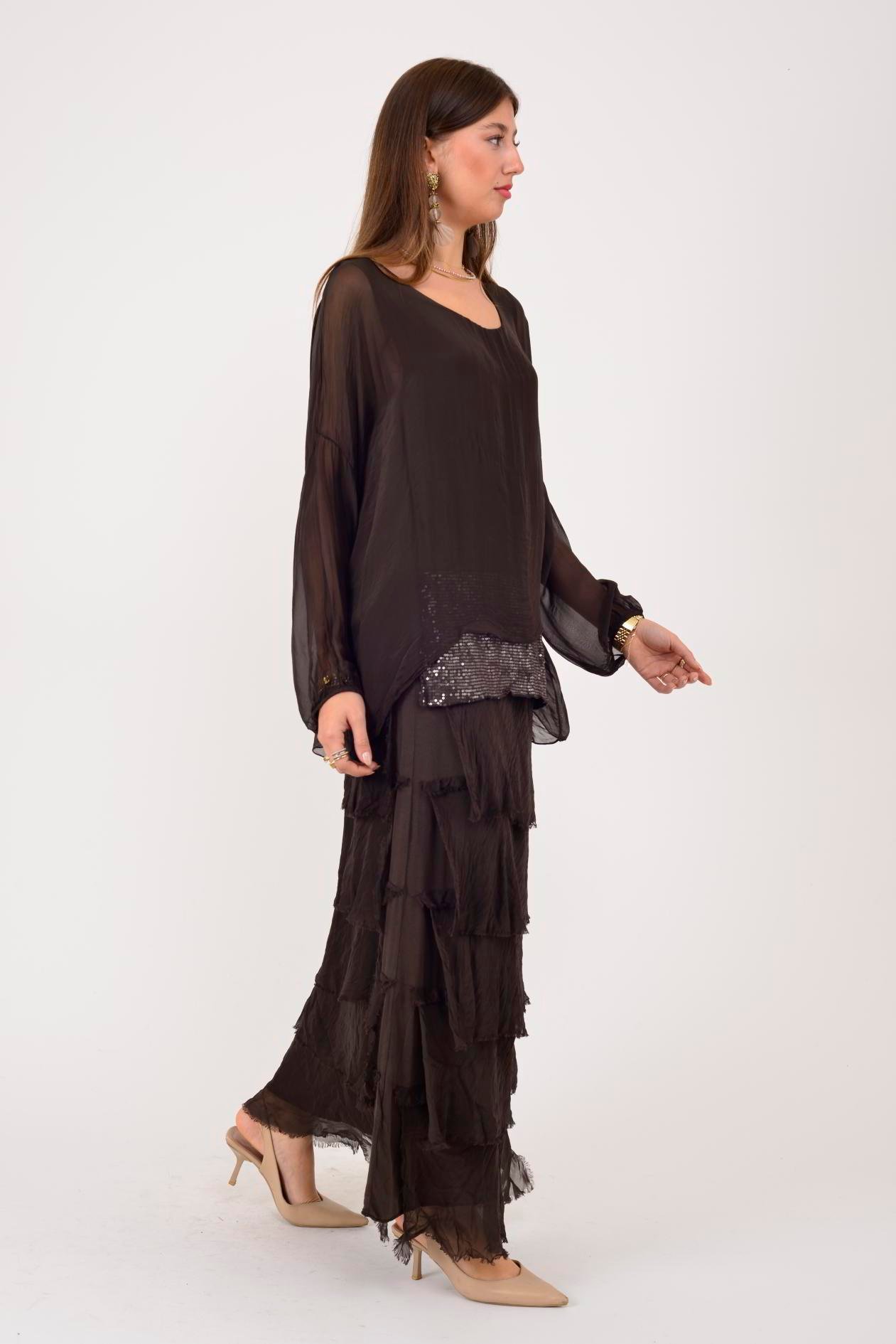 7509 PUL DETAYLI UZUN KOL KAT KAT İPEK ELBİSE