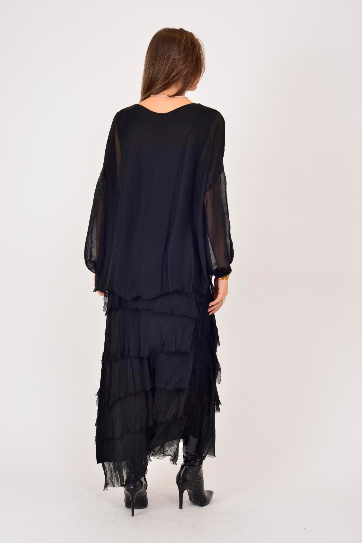 7509 PUL DETAYLI UZUN KOL KAT KAT İPEK ELBİSE