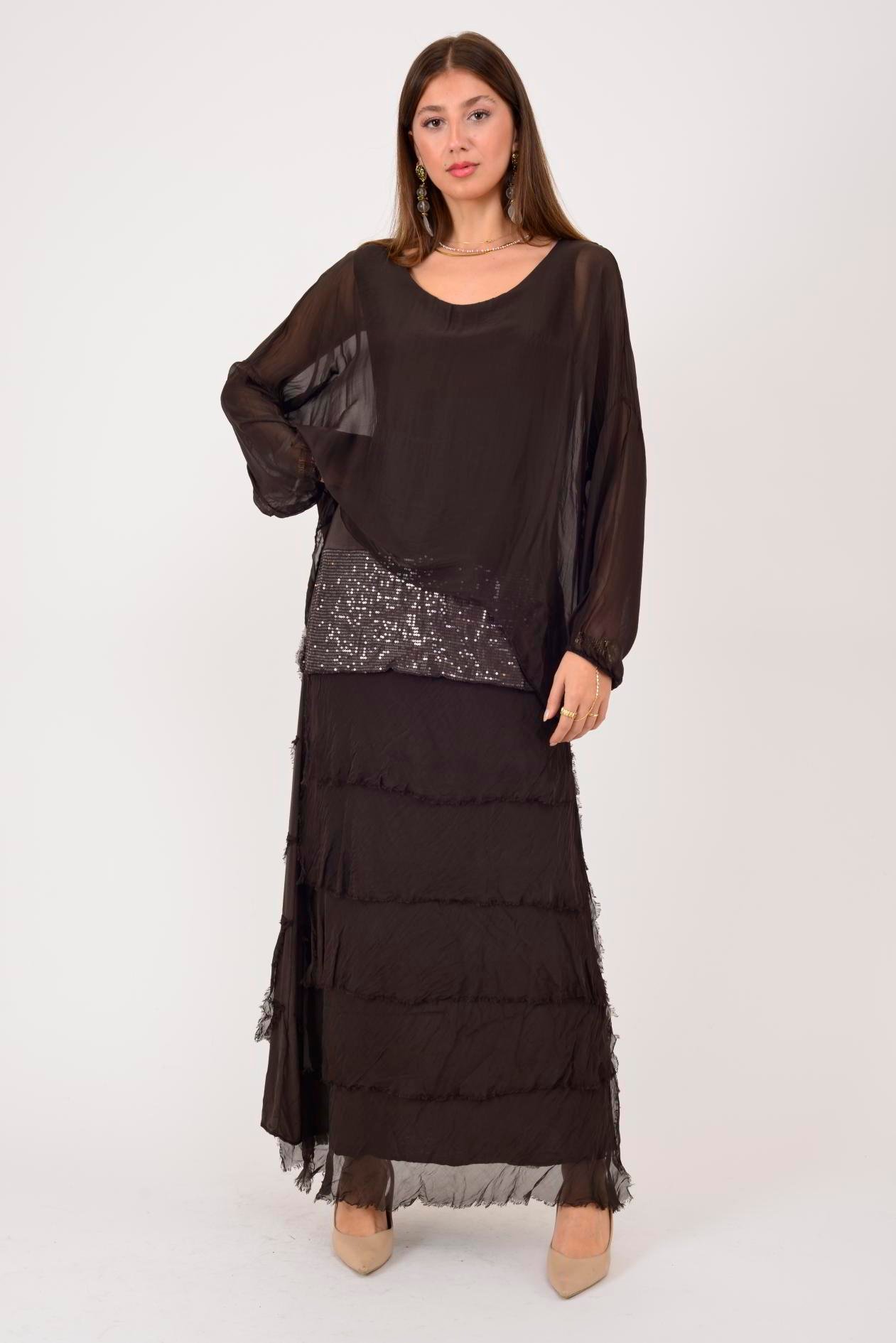 7509 PUL DETAYLI UZUN KOL KAT KAT İPEK ELBİSE