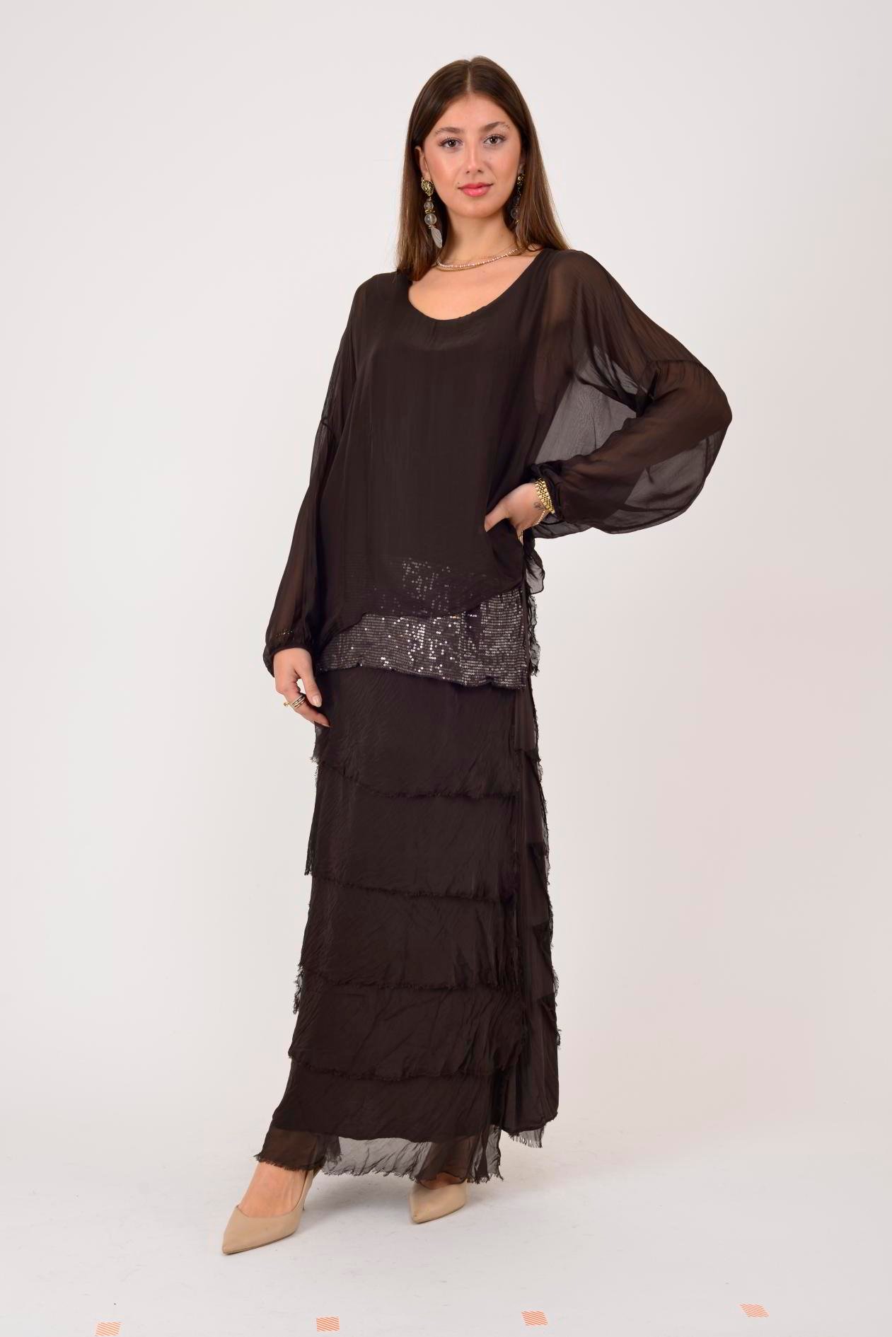 7509 PUL DETAYLI UZUN KOL KAT KAT İPEK ELBİSE