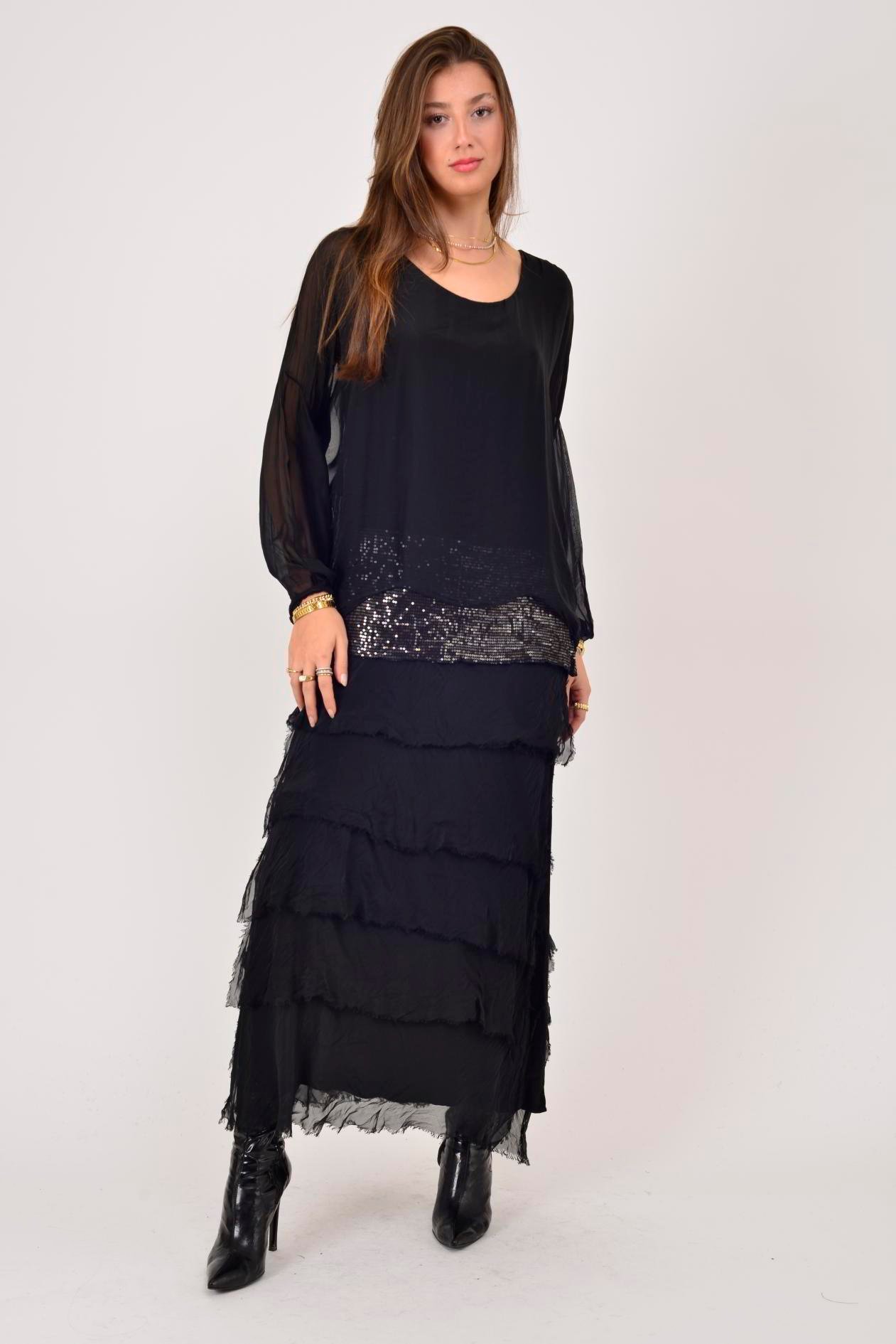 7509 PUL DETAYLI UZUN KOL KAT KAT İPEK ELBİSE