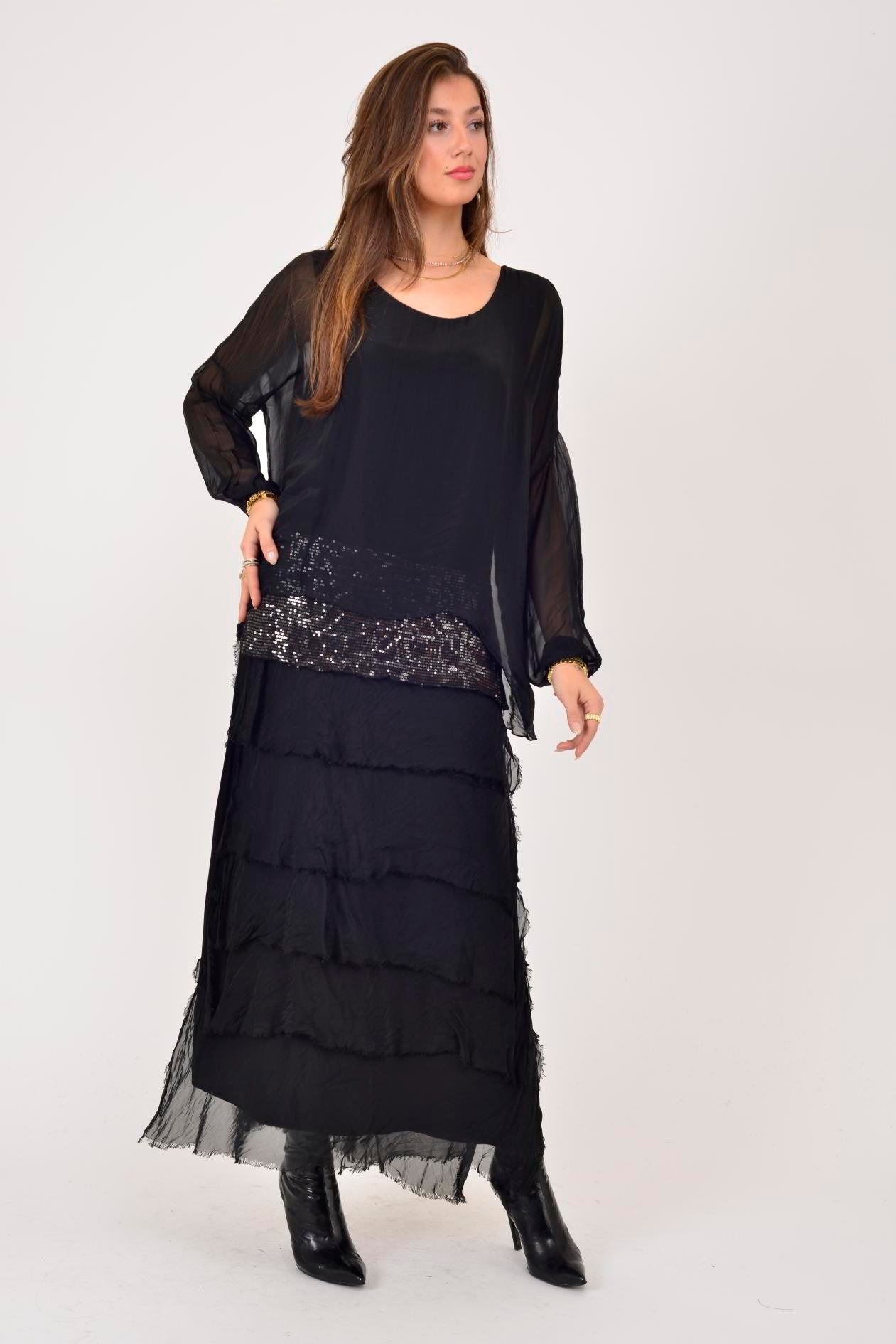 7509 PUL DETAYLI UZUN KOL KAT KAT İPEK ELBİSE