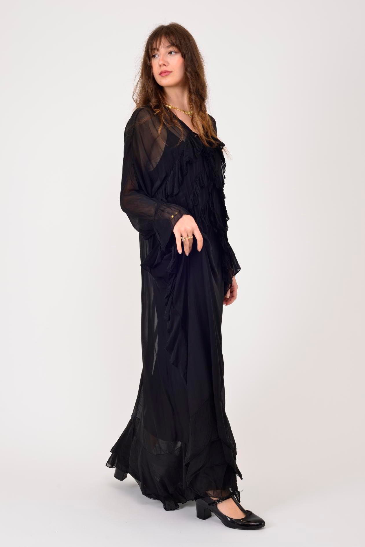 7522 DUBLIN FARBALALI ASTARLI UZUN İPEK ELBİSE