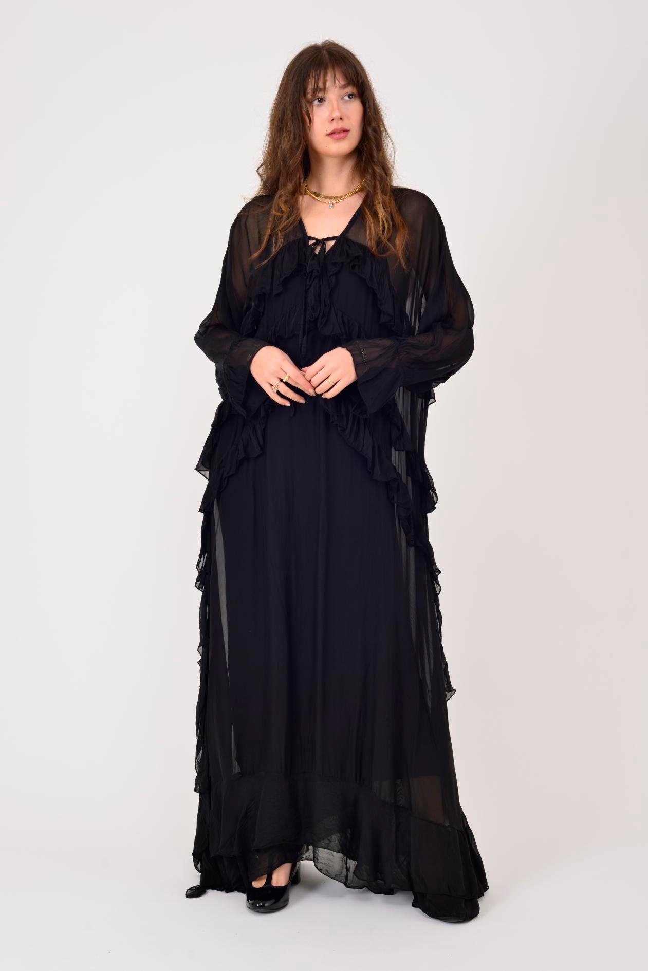 7522 DUBLIN FARBALALI ASTARLI UZUN İPEK ELBİSE