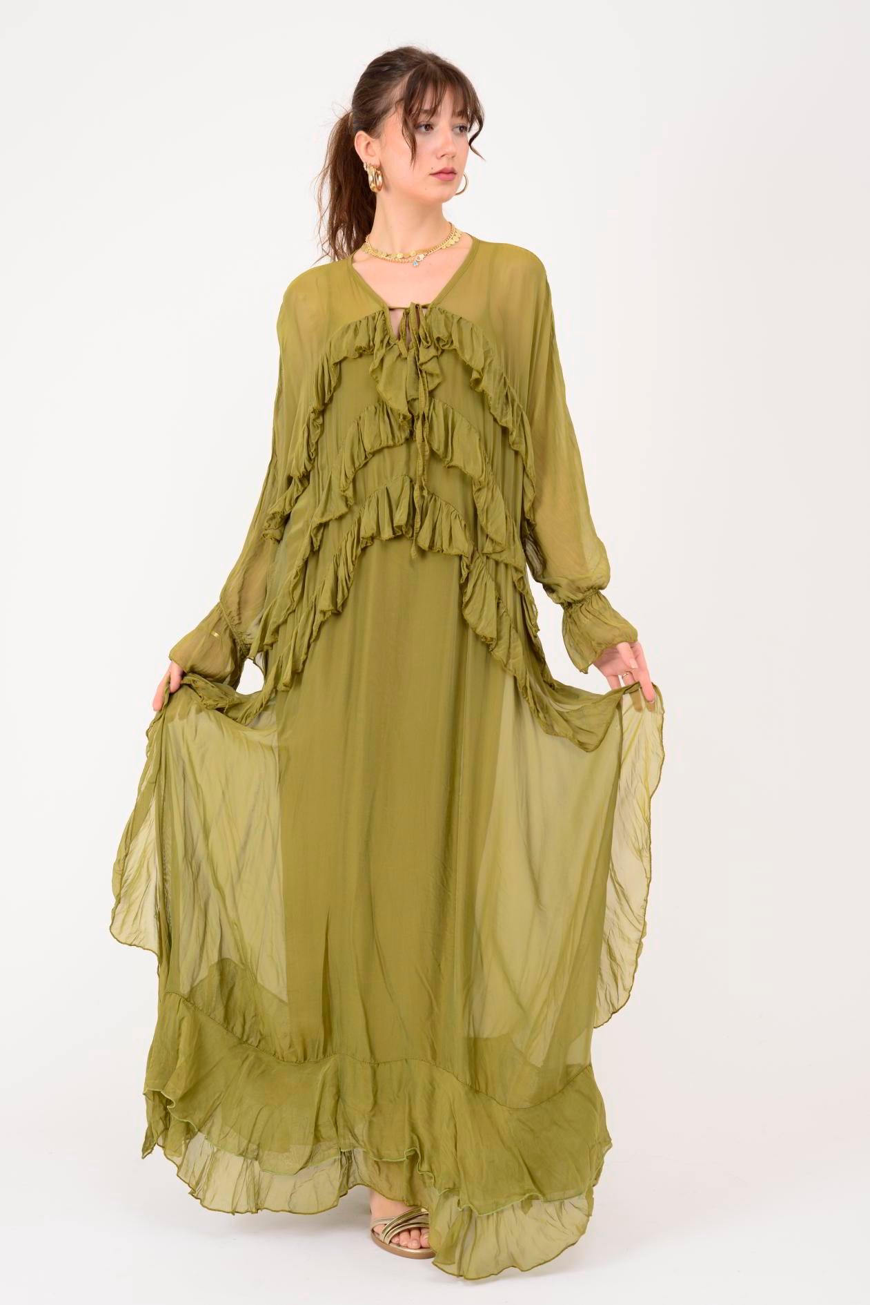 7522 DUBLIN FARBALALI ASTARLI UZUN İPEK ELBİSE