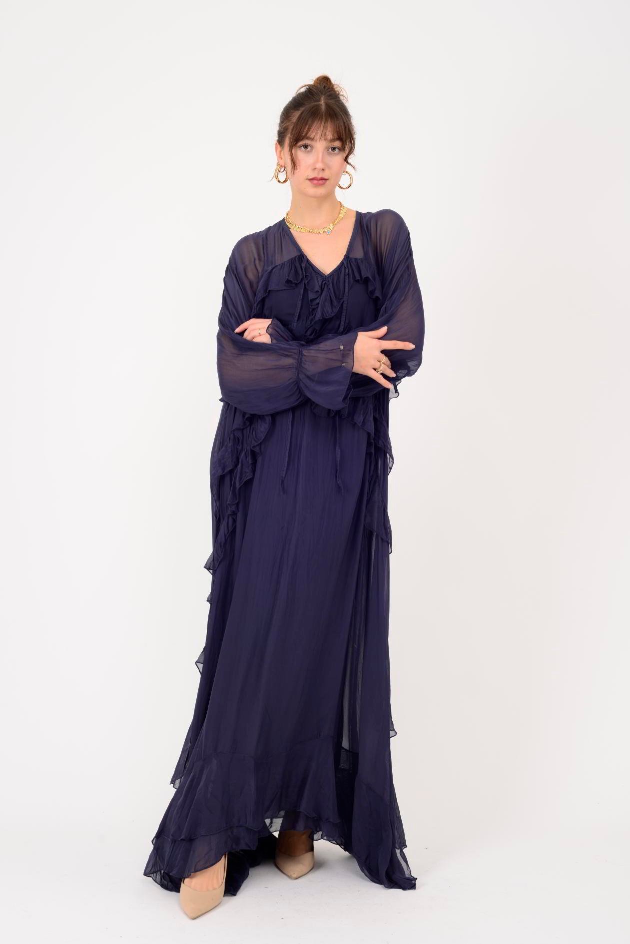 7522 DUBLIN FARBALALI ASTARLI UZUN İPEK ELBİSE