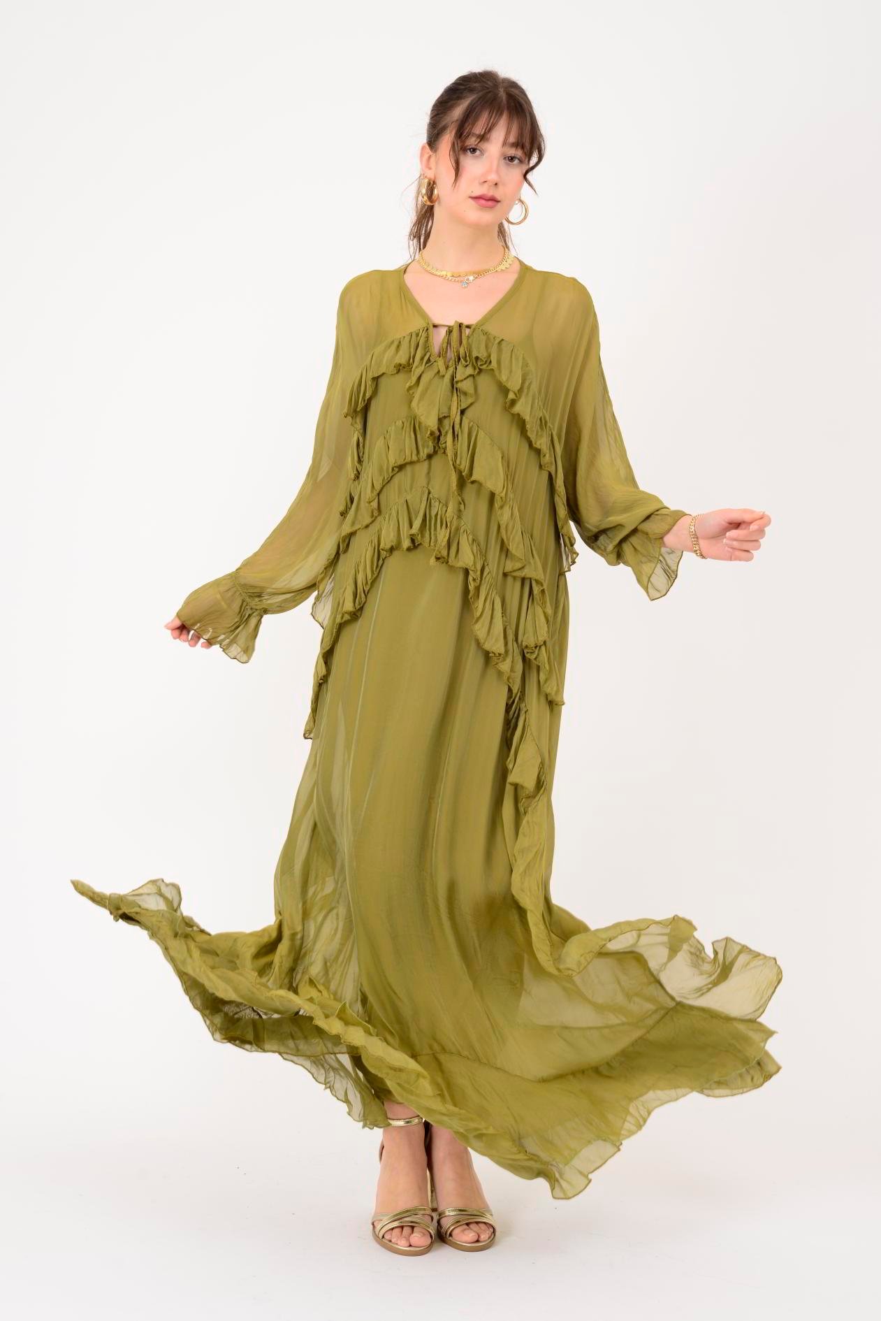 7522 DUBLIN FARBALALI ASTARLI UZUN İPEK ELBİSE