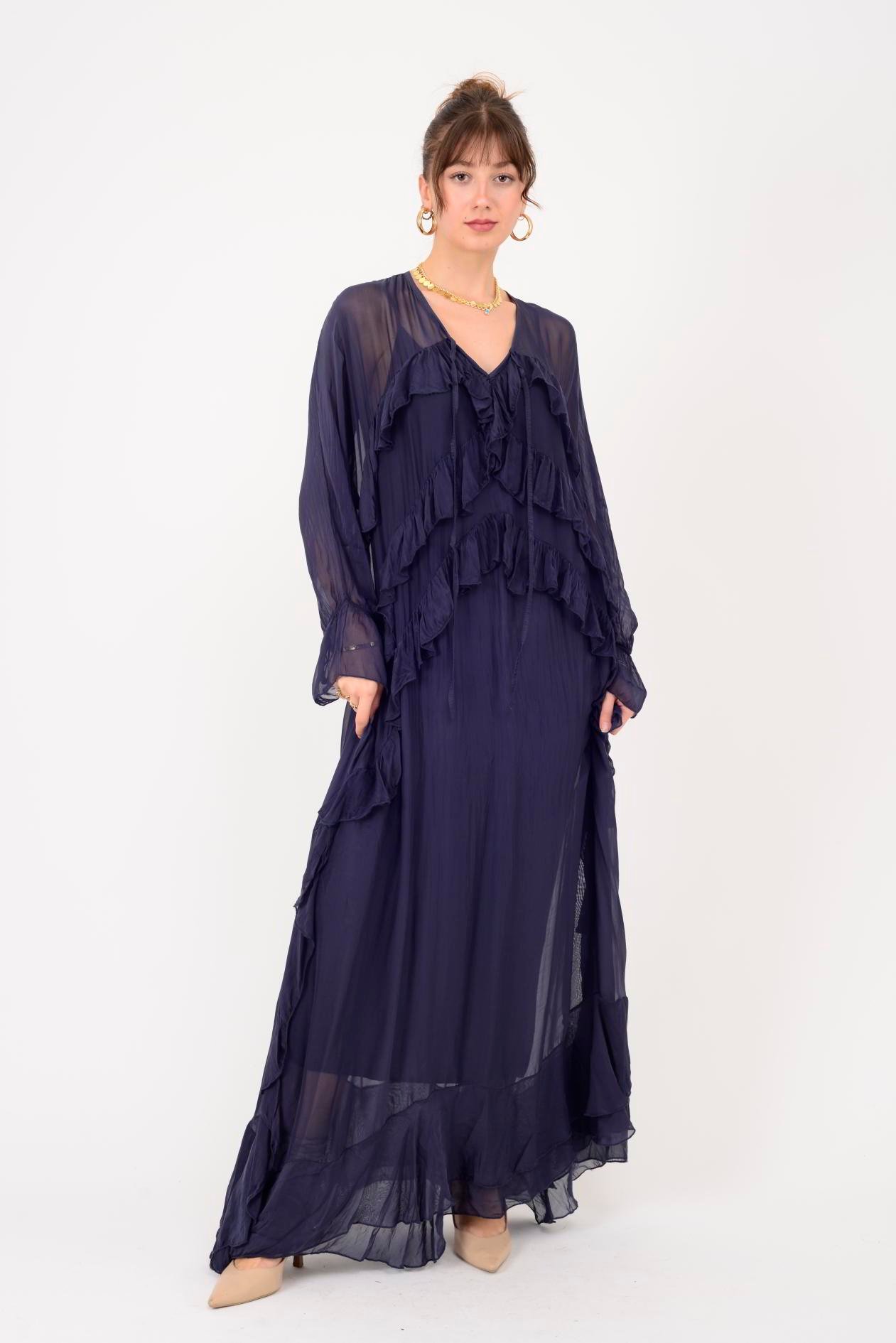 7522 DUBLIN FARBALALI ASTARLI UZUN İPEK ELBİSE