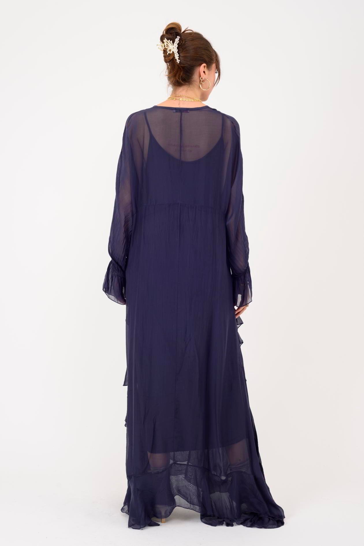 7522 DUBLIN FARBALALI ASTARLI UZUN İPEK ELBİSE