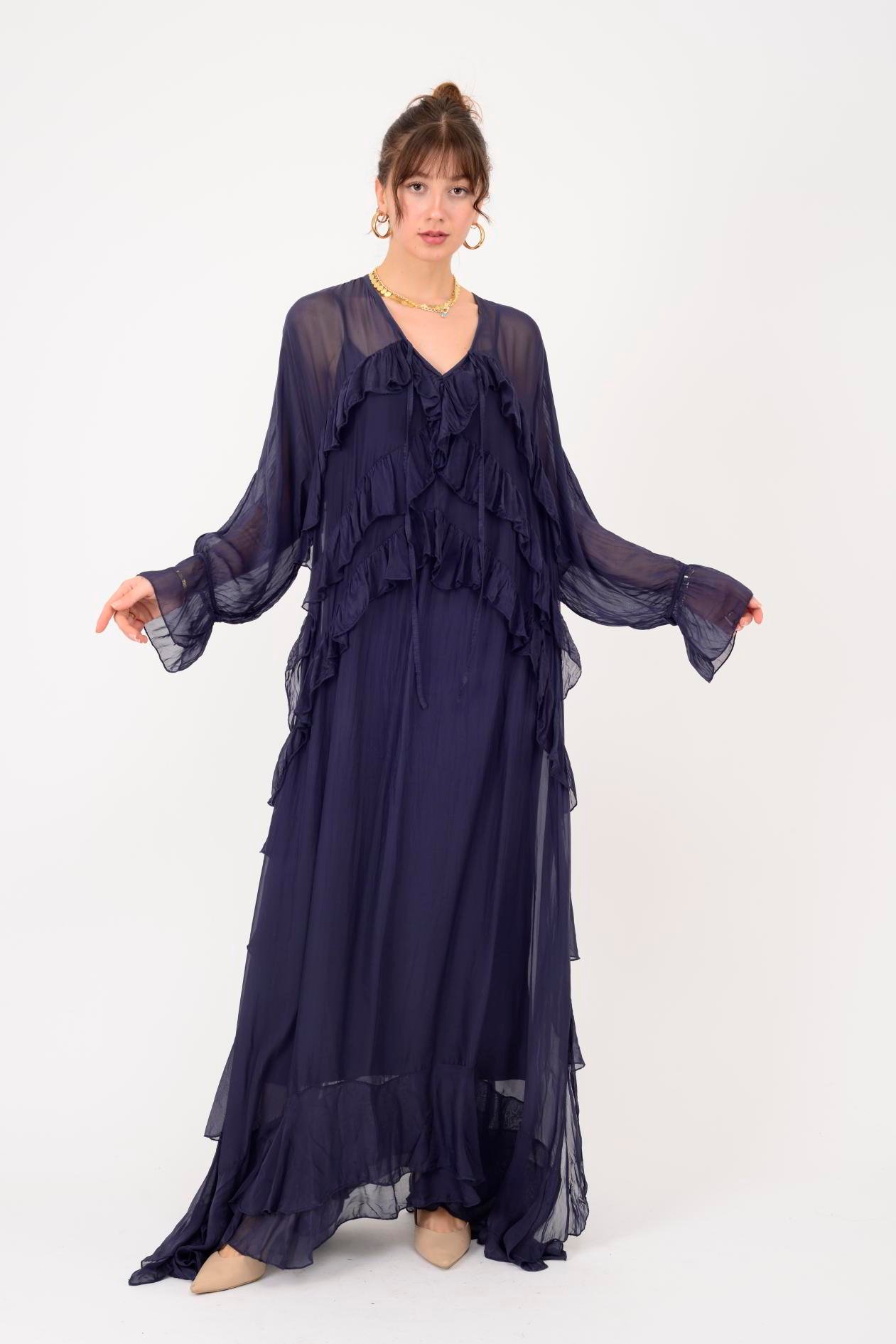 7522 DUBLIN FARBALALI ASTARLI UZUN İPEK ELBİSE