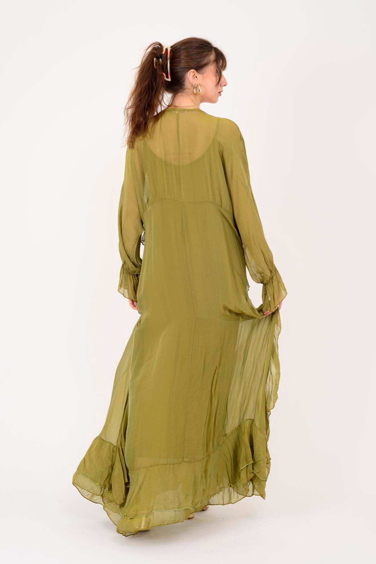 7522 DUBLIN FARBALALI ASTARLI UZUN İPEK ELBİSE