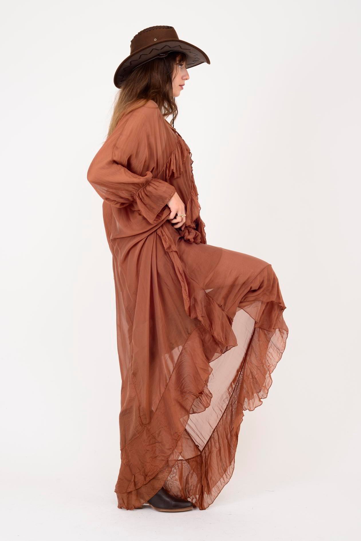 7522 DUBLIN FARBALALI ASTARLI UZUN İPEK ELBİSE