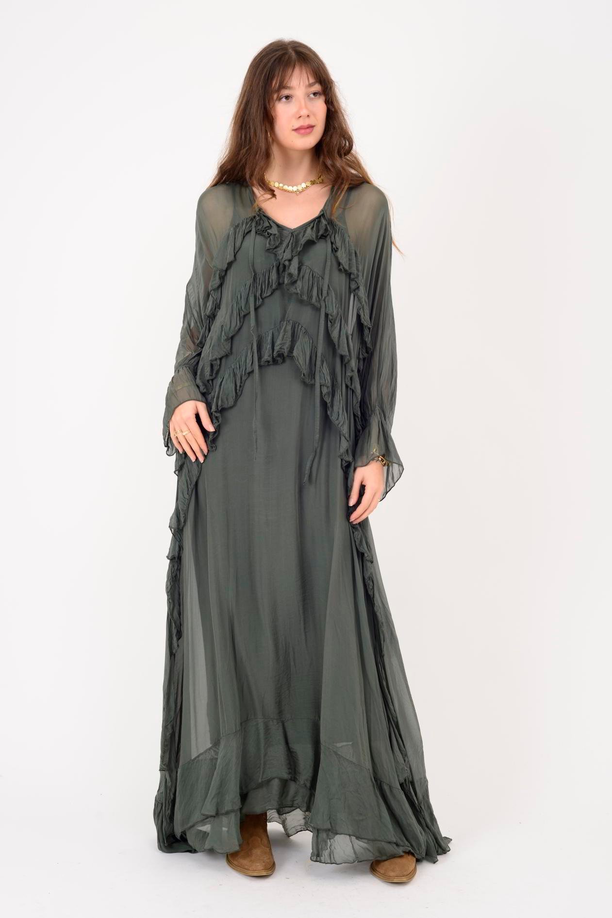 7522 DUBLIN FARBALALI ASTARLI UZUN İPEK ELBİSE