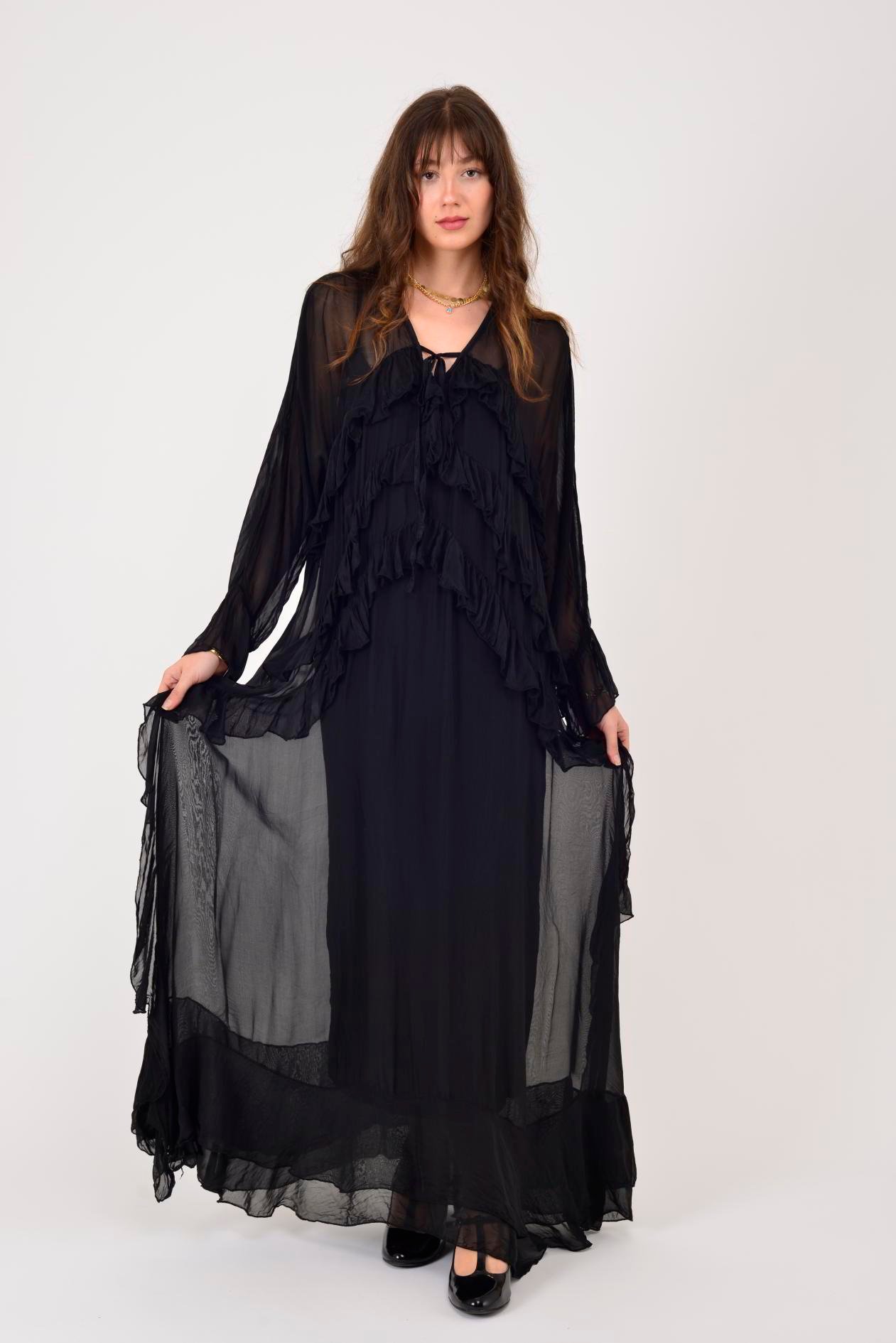 7522 DUBLIN FARBALALI ASTARLI UZUN İPEK ELBİSE