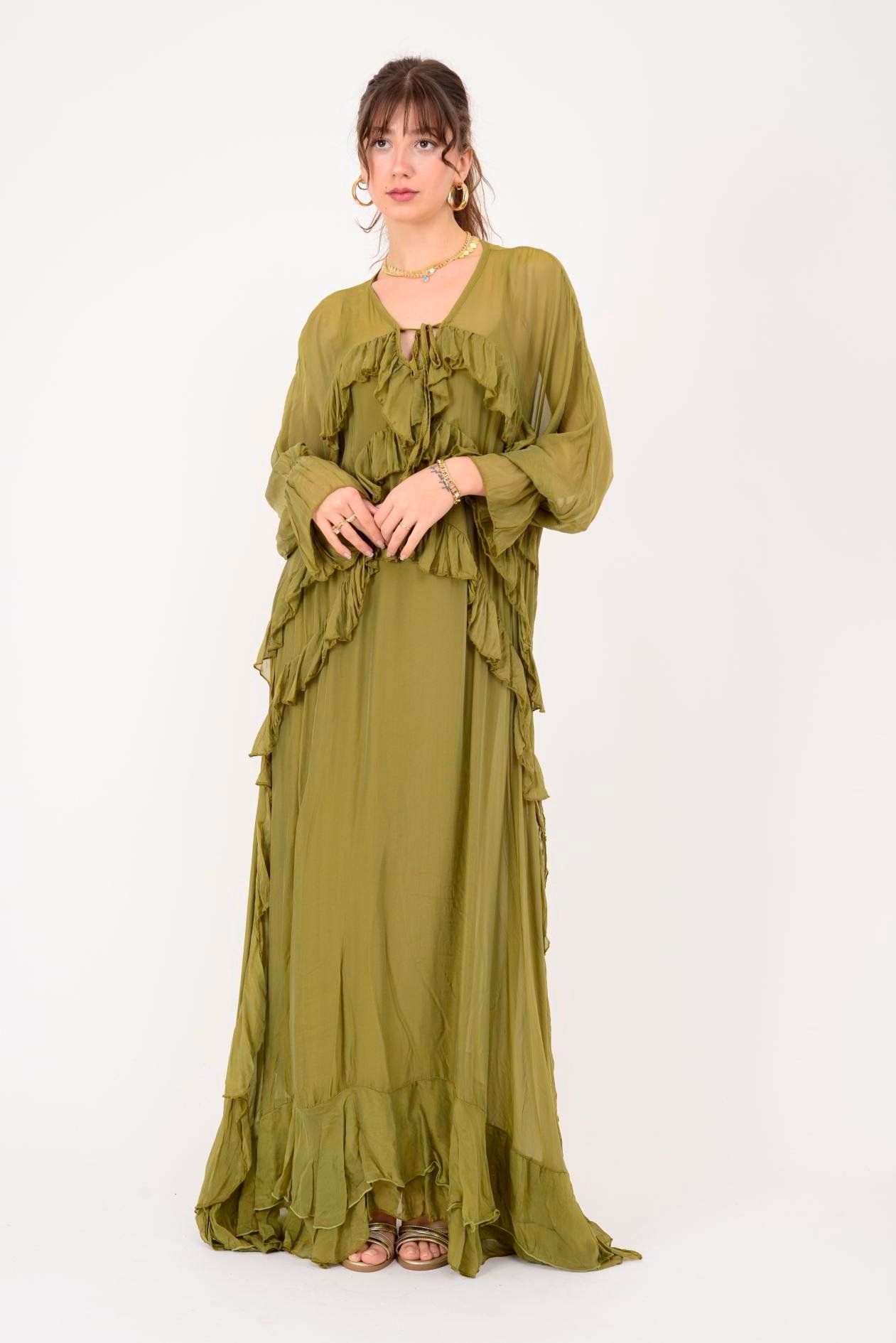 7522 DUBLIN FARBALALI ASTARLI UZUN İPEK ELBİSE