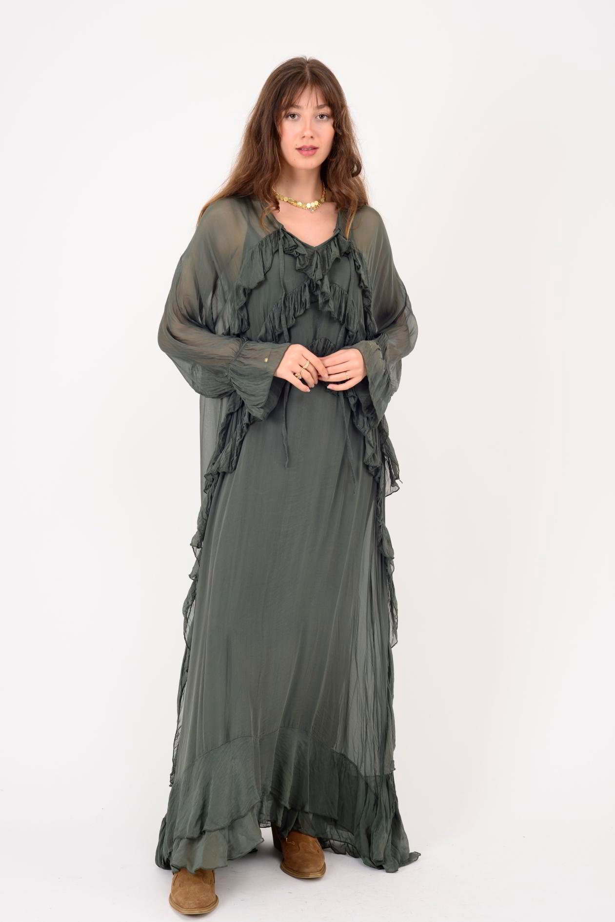 7522 DUBLIN FARBALALI ASTARLI UZUN İPEK ELBİSE