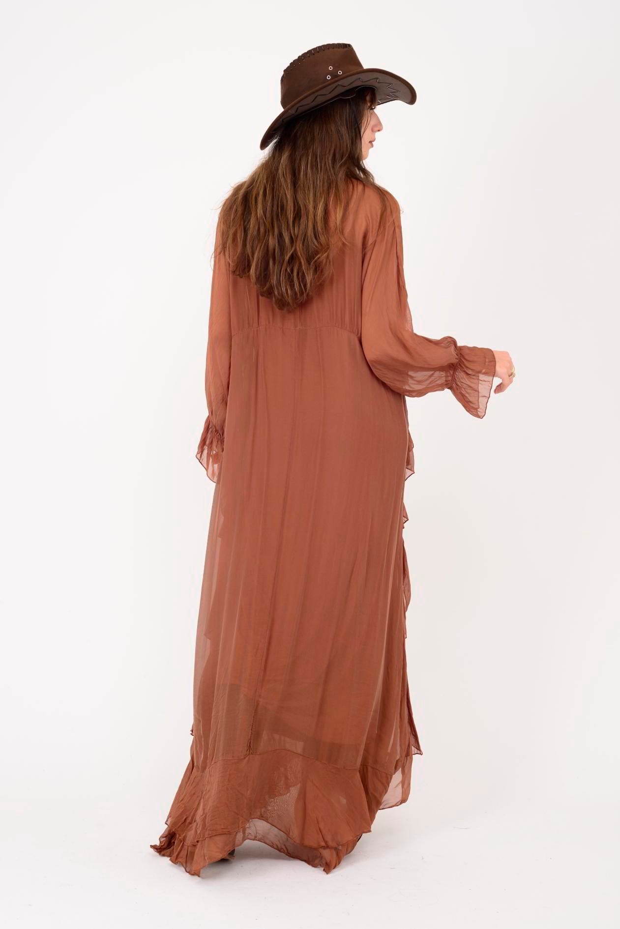 7522 DUBLIN FARBALALI ASTARLI UZUN İPEK ELBİSE