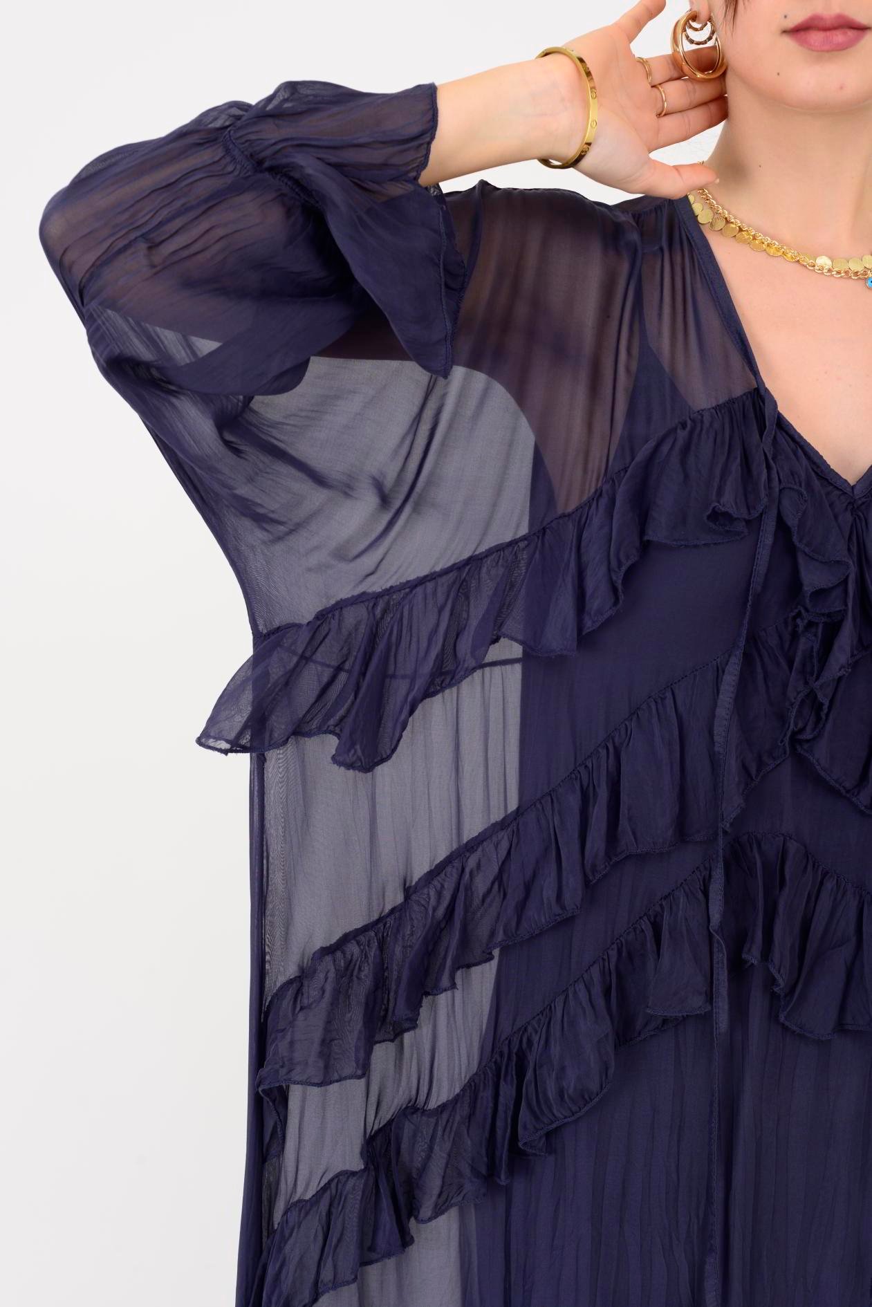 7522 DUBLIN FARBALALI ASTARLI UZUN İPEK ELBİSE