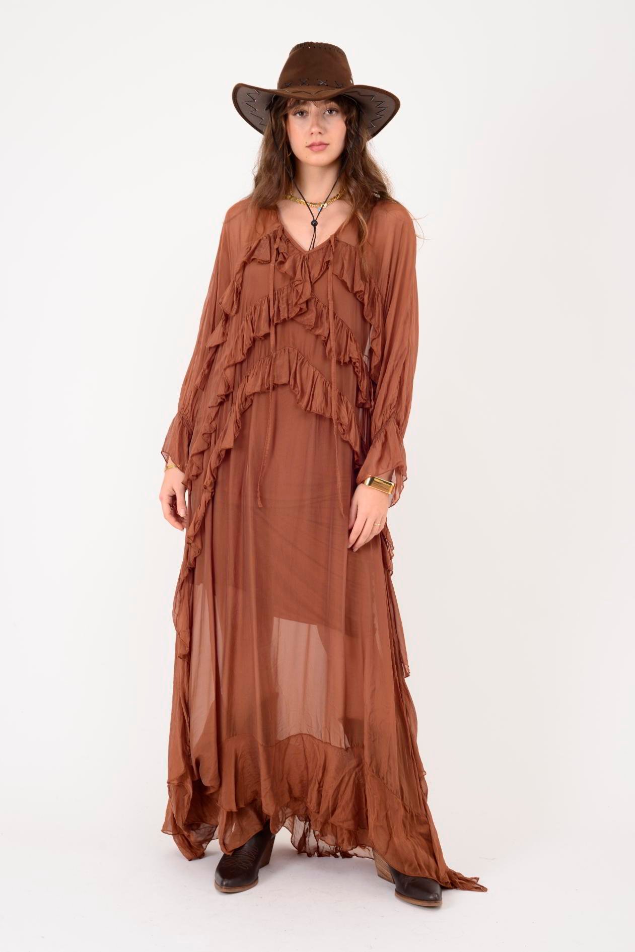 7522 DUBLIN FARBALALI ASTARLI UZUN İPEK ELBİSE