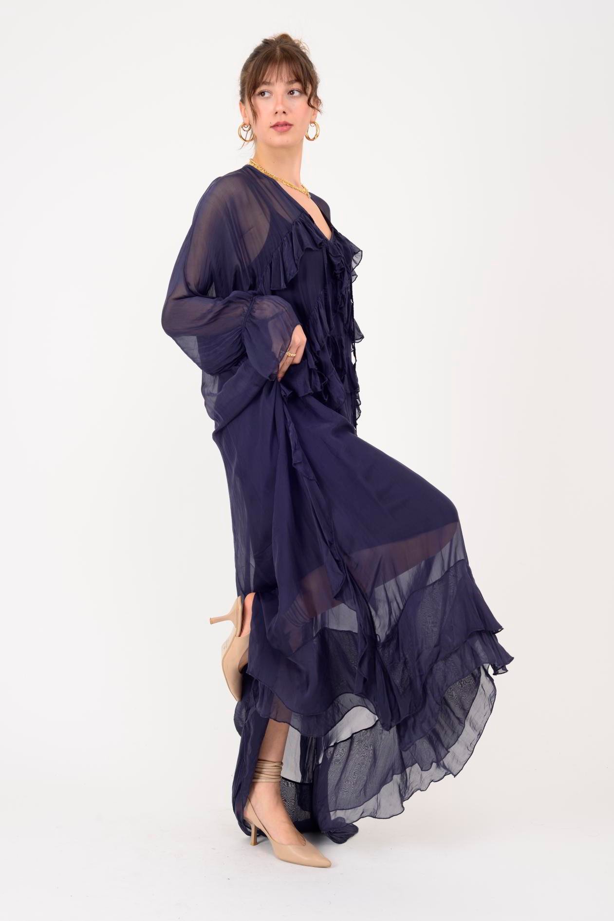 7522 DUBLIN FARBALALI ASTARLI UZUN İPEK ELBİSE