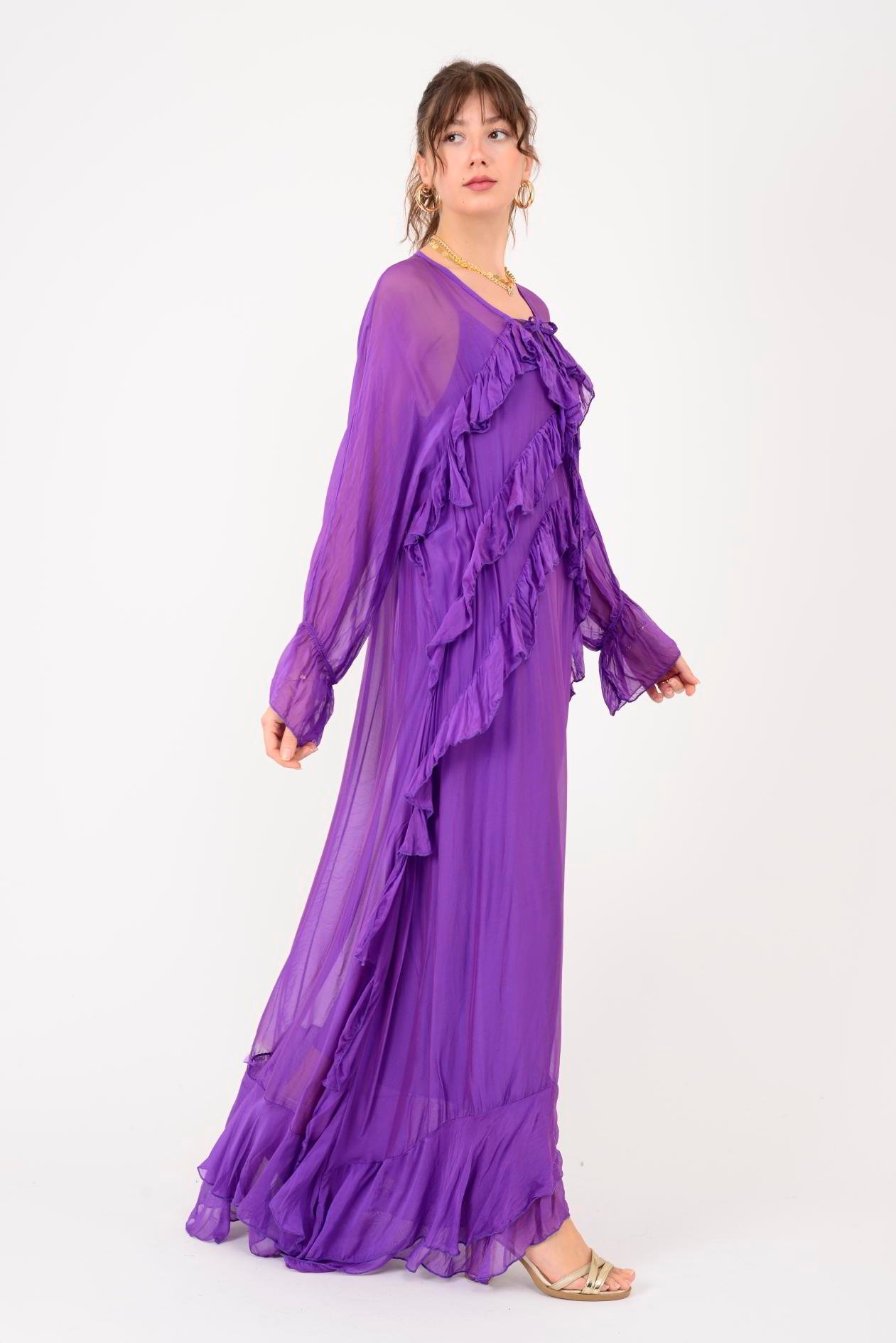 7522 DUBLIN FARBALALI ASTARLI UZUN İPEK ELBİSE