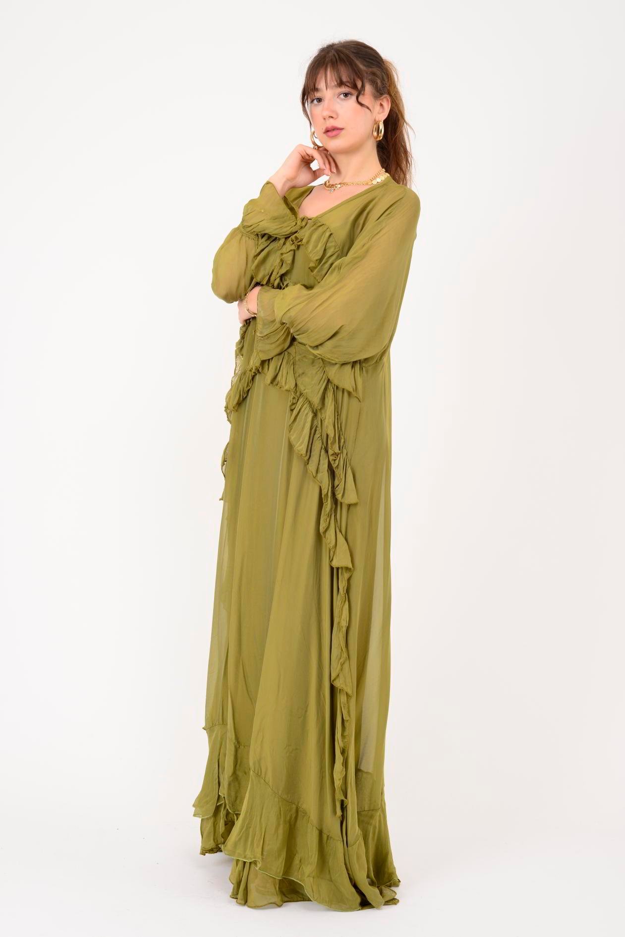 7522 DUBLIN FARBALALI ASTARLI UZUN İPEK ELBİSE