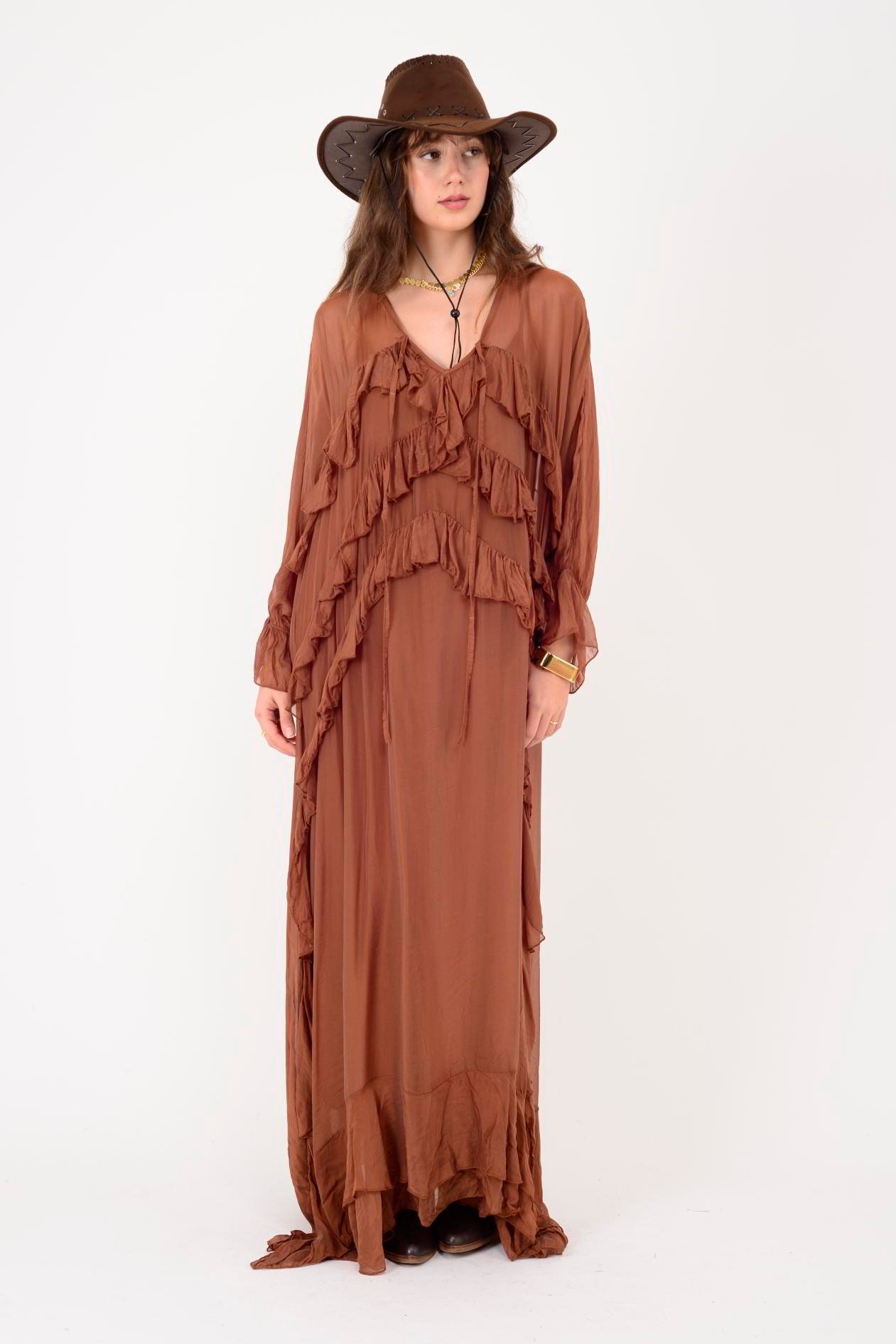 7522 DUBLIN FARBALALI ASTARLI UZUN İPEK ELBİSE