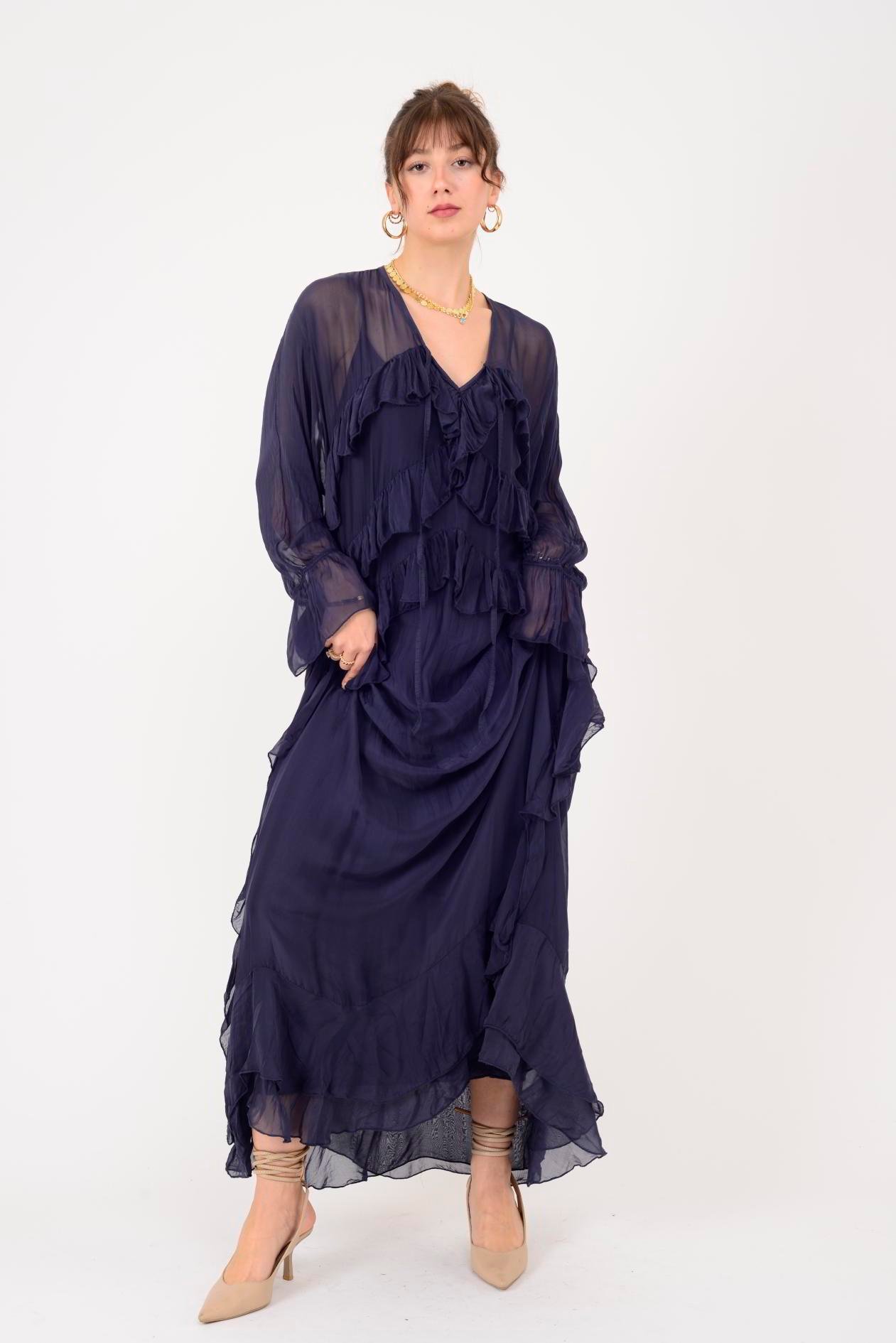 7522 DUBLIN FARBALALI ASTARLI UZUN İPEK ELBİSE