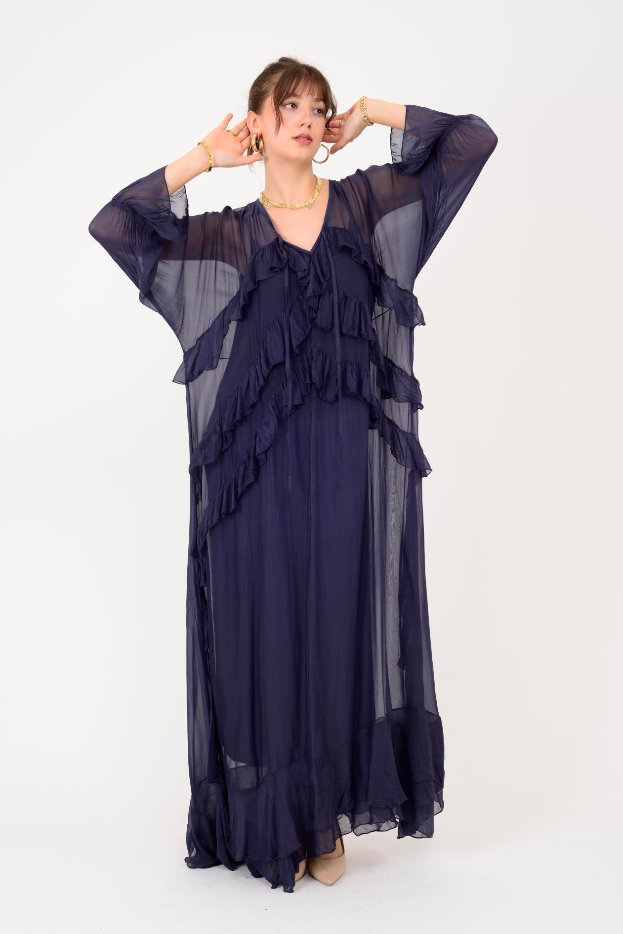 7522 DUBLIN FARBALALI ASTARLI UZUN İPEK ELBİSE