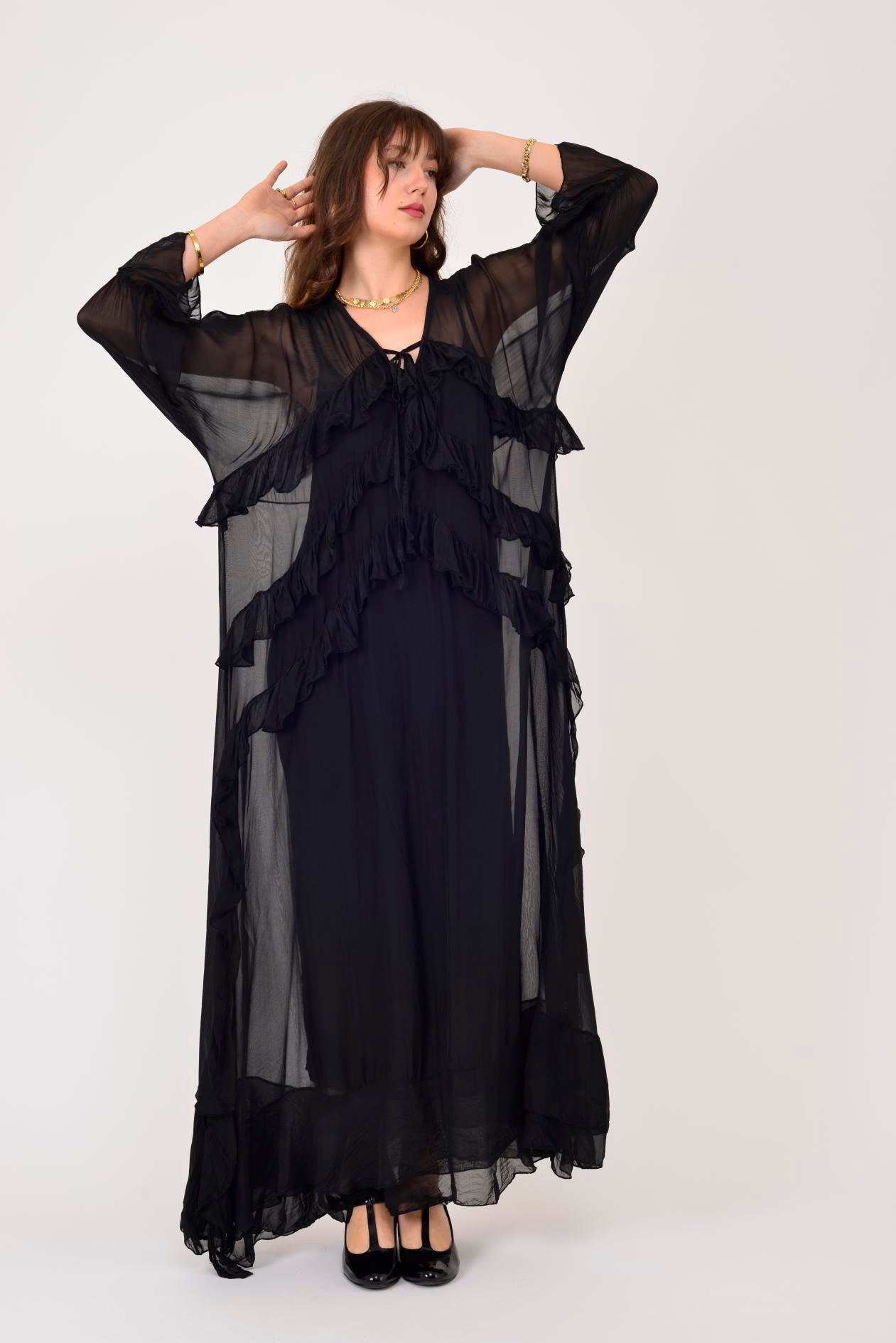 7522 DUBLIN FARBALALI ASTARLI UZUN İPEK ELBİSE