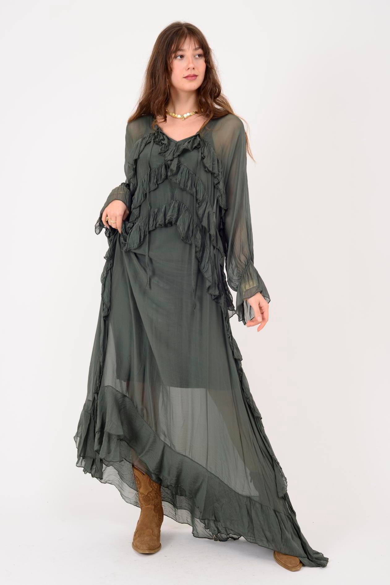 7522 DUBLIN FARBALALI ASTARLI UZUN İPEK ELBİSE