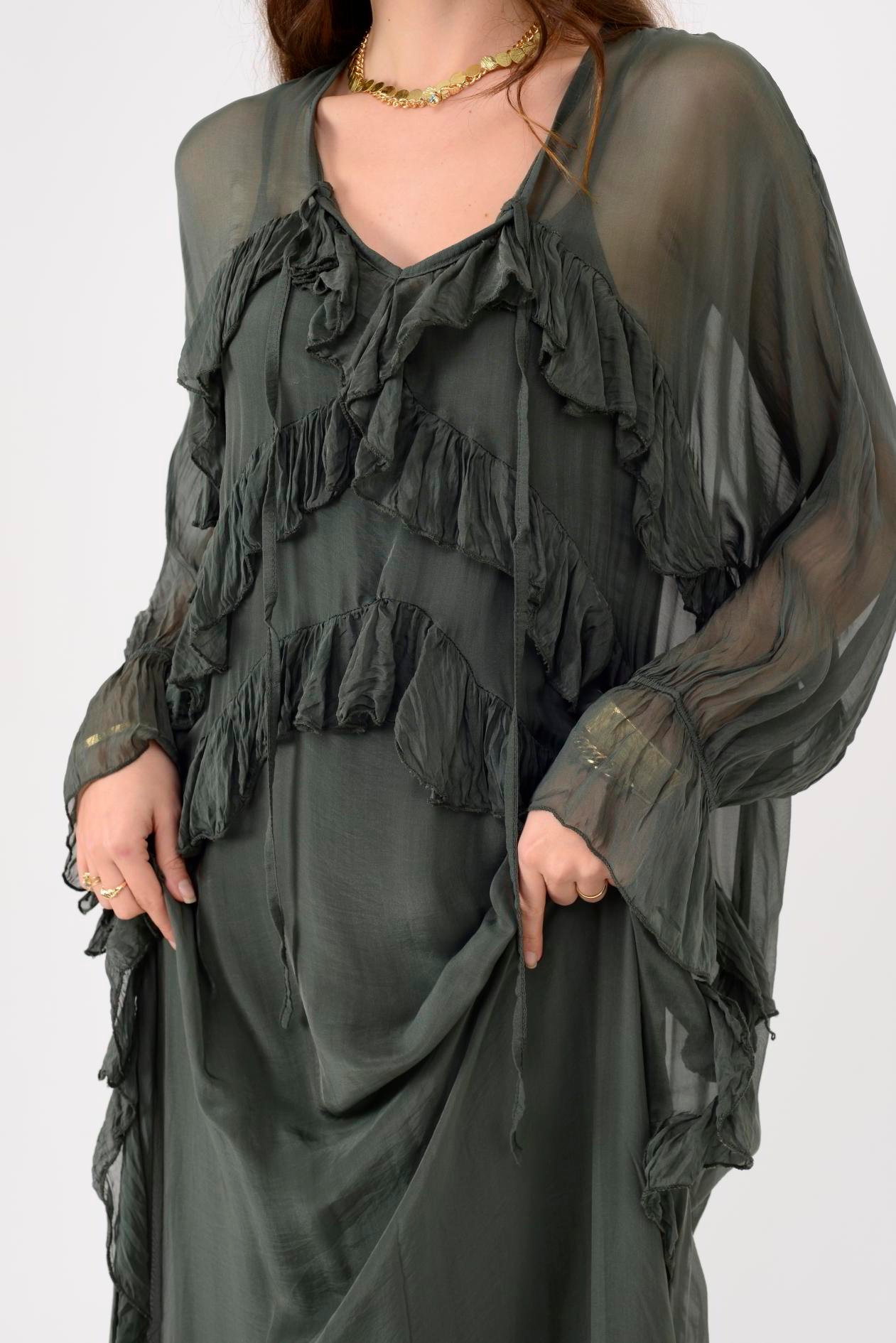 7522 DUBLIN FARBALALI ASTARLI UZUN İPEK ELBİSE