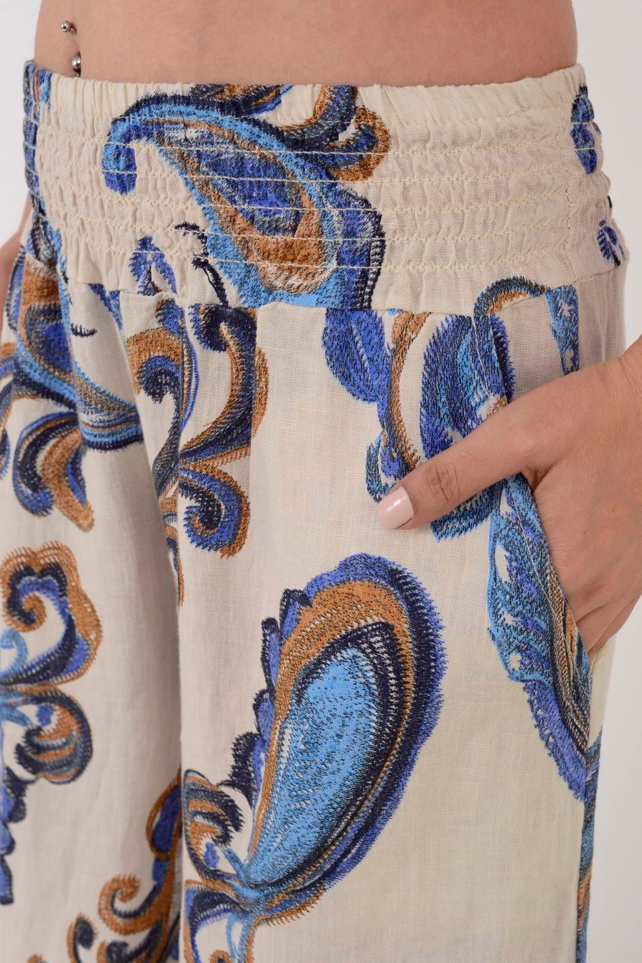 7584 ZAZ BEL BÜZGÜLÜ ŞAL DESEN KETEN PANTOLON
