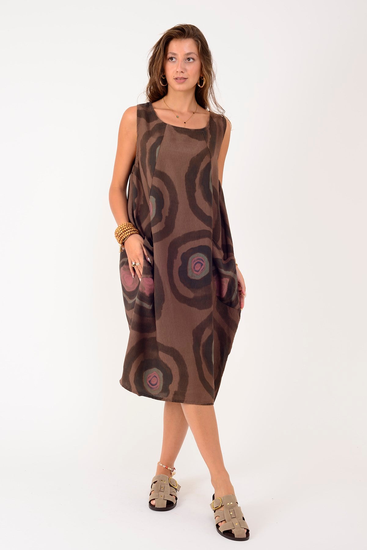 80105 SPIRAL DESEN KOLSUZ KETEN ELBİSE