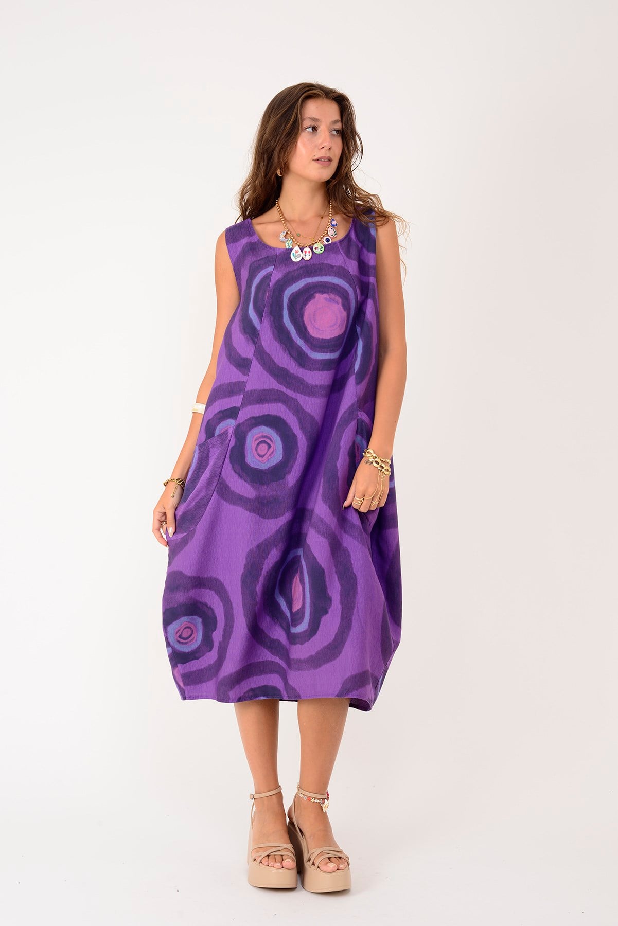 80105 SPIRAL DESEN KOLSUZ KETEN ELBİSE