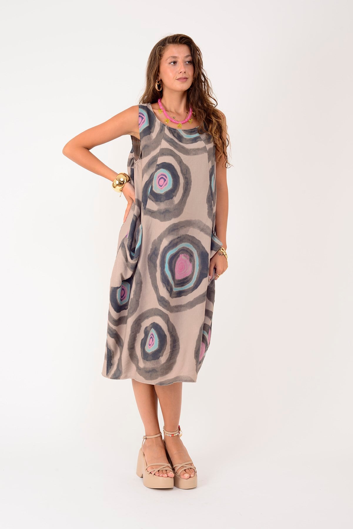 80105 SPIRAL DESEN KOLSUZ KETEN ELBİSE