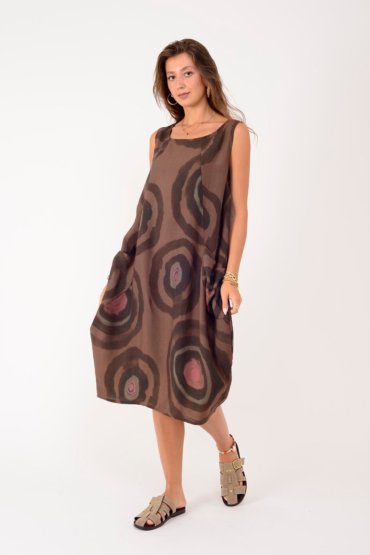 80105 SPIRAL DESEN KOLSUZ KETEN ELBİSE