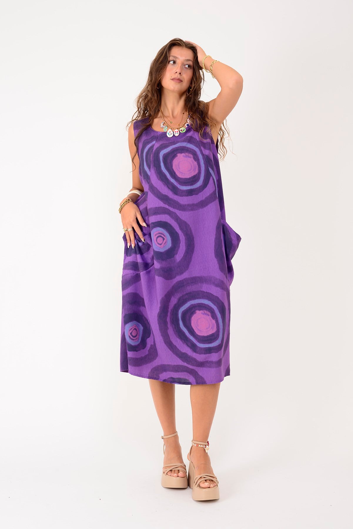 80105 SPIRAL DESEN KOLSUZ KETEN ELBİSE