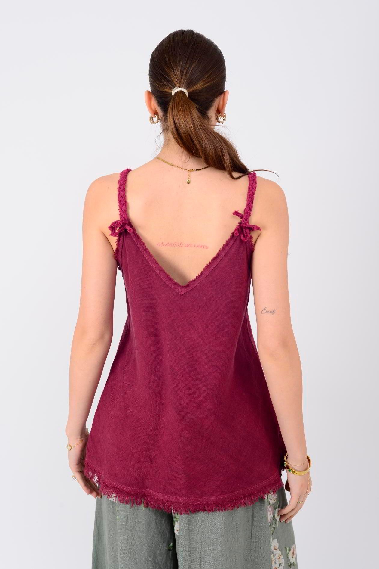 80471 SAÇAK DETAYLI ASKILI KETEN BLUZ