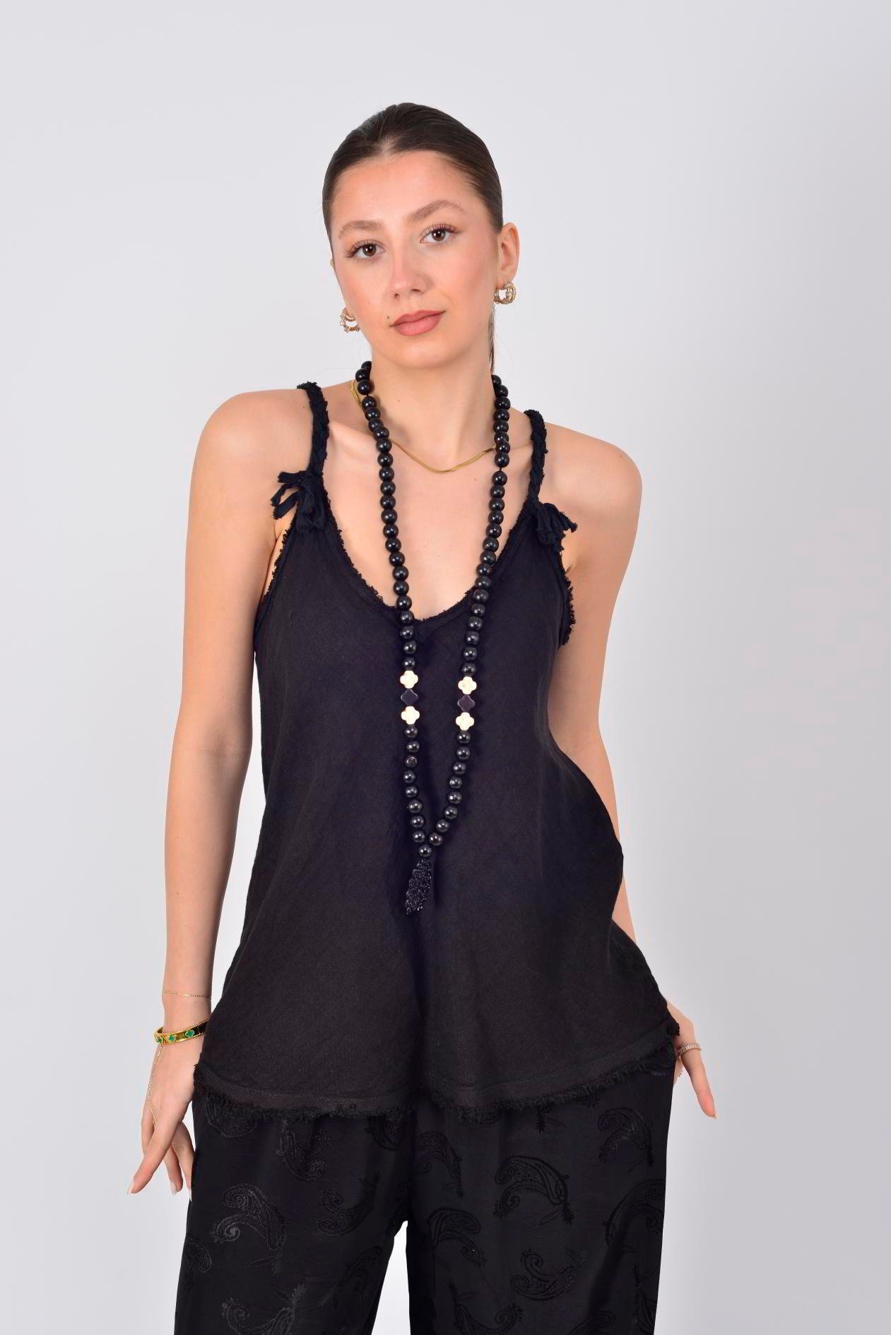 80471 SAÇAK DETAYLI ASKILI KETEN BLUZ