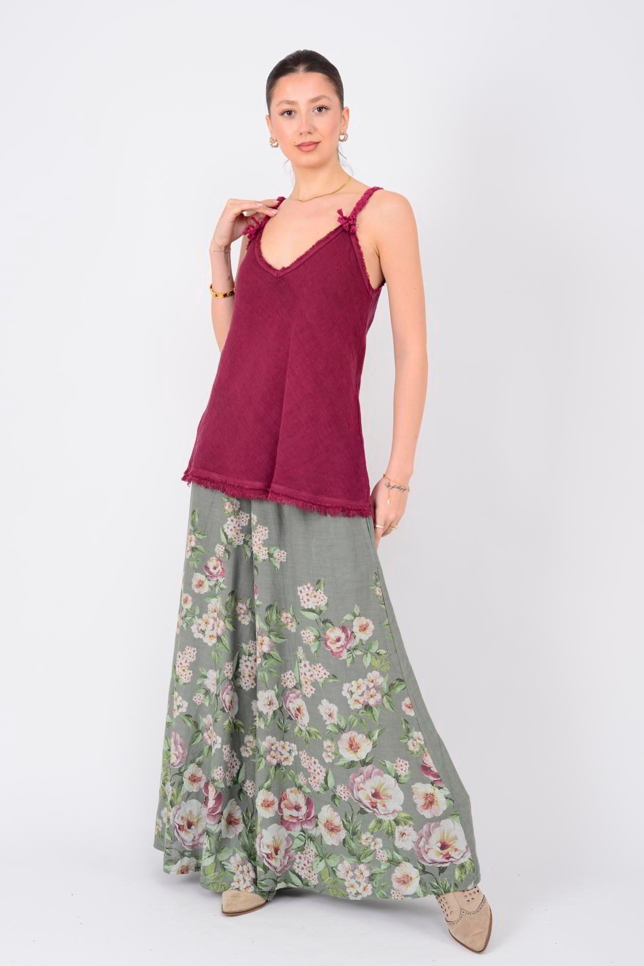 80471 SAÇAK DETAYLI ASKILI KETEN BLUZ