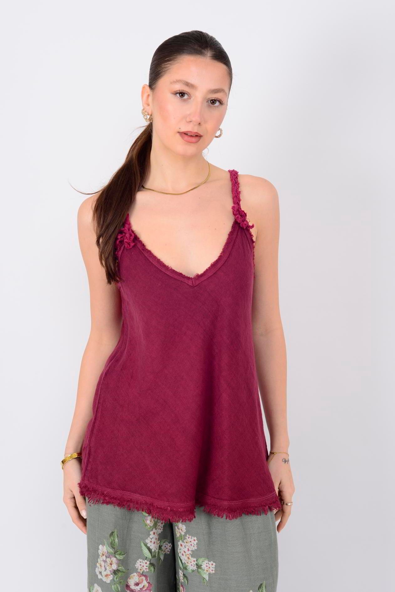 80471 SAÇAK DETAYLI ASKILI KETEN BLUZ