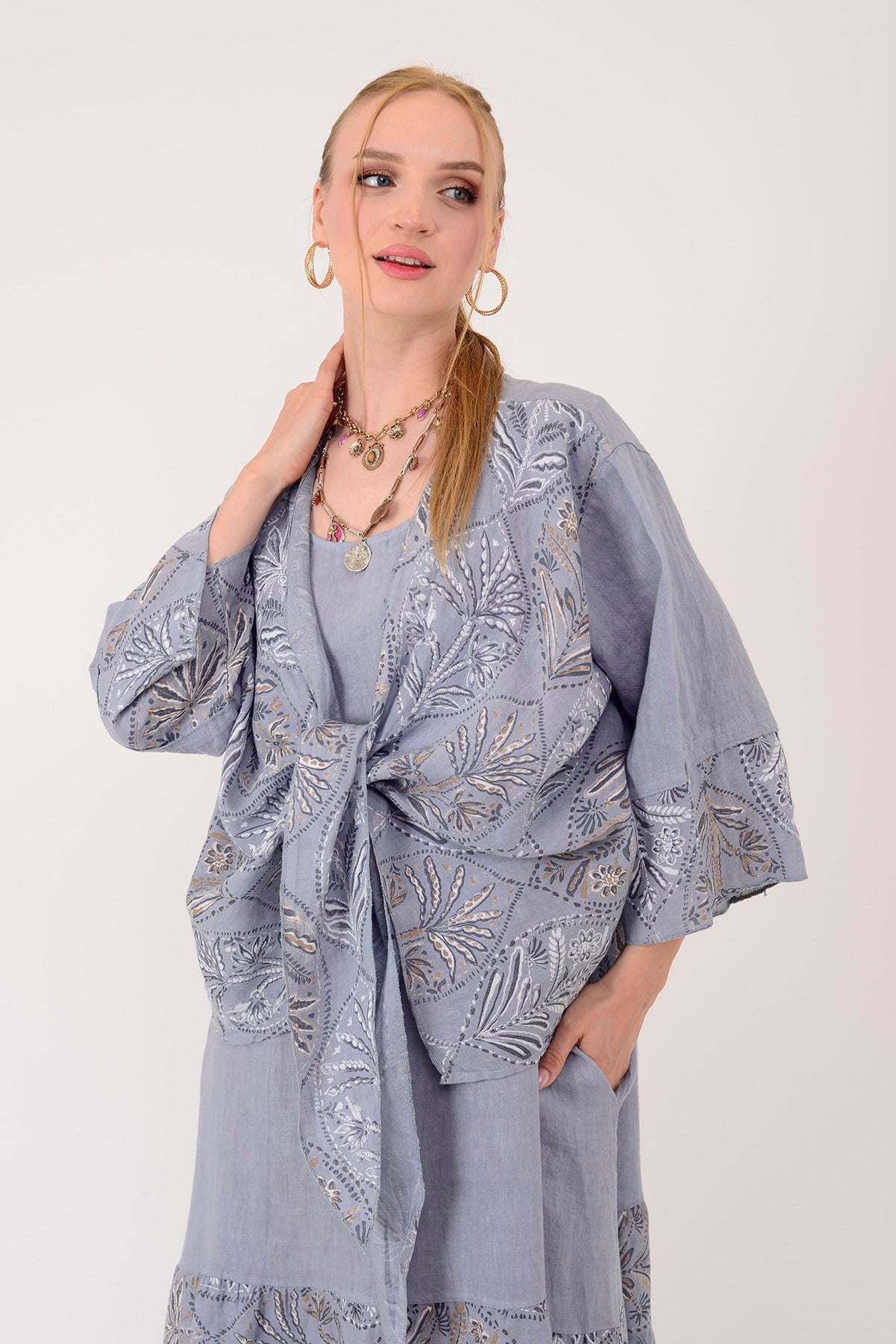 8399 LOVA YAPRAK DESEN BOLERO CEKETLİ 2'Lİ KETEN TAKIM
