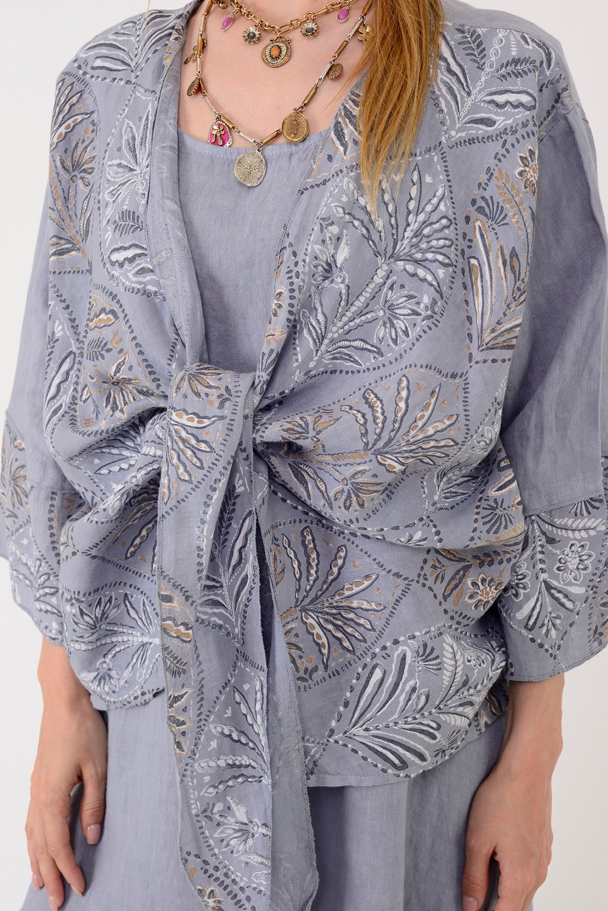 8399 LOVA YAPRAK DESEN BOLERO CEKETLİ 2'Lİ KETEN TAKIM